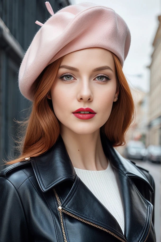 A close-up portrait of a gorgeous, beautiful, stunning russian woman wearing a classy elegant outfit: a black leather jacket, a white blouse, a pale pink beret. A redhead woman from Russia, delicate thick red lips, pastel pink skin tone, soft flawless pale skin, elegant make-up, red lipstick. Classy, elegant, sophisticated redhead woman, a majestic lady, dream beauty, ethereal beauty, angelical beauty, delicate, sensitive, tender, lovely, romantic, kind-hearted, feminine and strong, brave, determined woman from Russia. Elegant look, pink style, flowing and glowing wavy ginger hair. She's making a photo book, posing for camera, professional photograph, editorial photograph, portrait photograph of a female russian model.