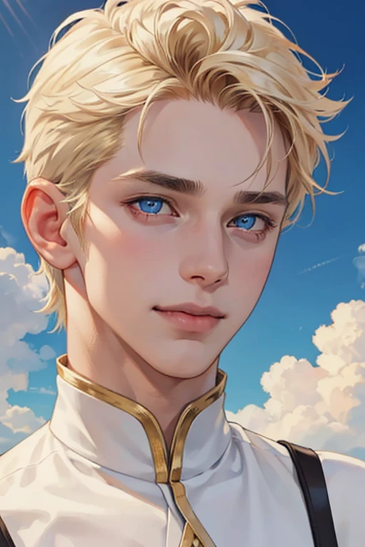 Best picture quality, 4k, Masterpiece, teenage boy, Whitening & gentle skin, Short floppy blonde hair, blue eyes, Green and slightly mature, cute and soft, young, sacred eyes, Beautiful hair, Look at the lens., Face focus, smile, delicate facial features, Headlight, front light source, Portraiture, enlarging the face, face close up, above shoulder, cute feeling, Great pose to capture., เอฟเฟกต์Portraiture, blue sky and white clouds, rose