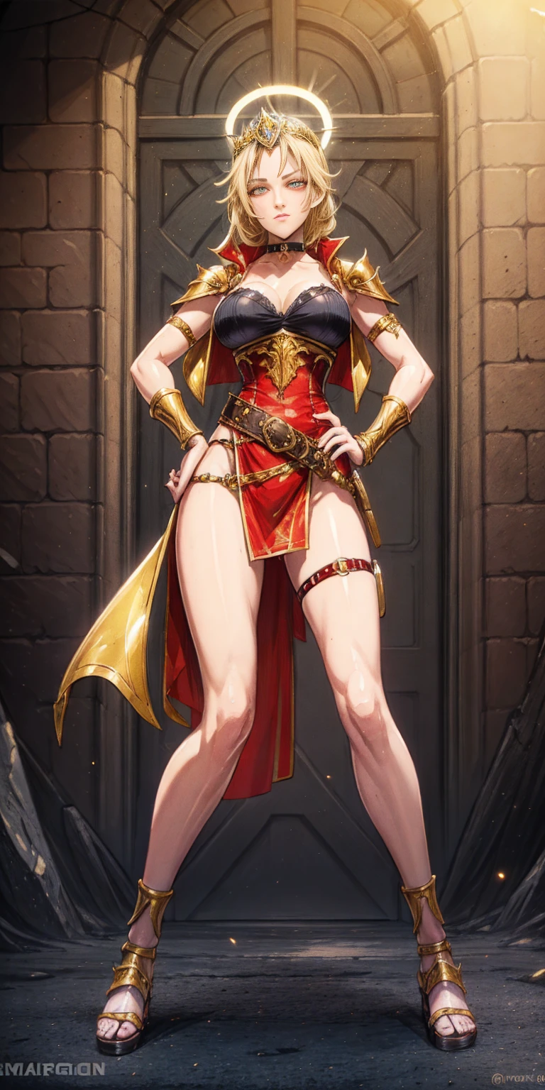 paladin lady in ornate golden armor, black collar, pauldrons, breastplate, corset, glowing halo, single braid, blonde, yellow glowing eyes, bright pupils, eye focus, red cape, temple indoors, stained glass windows, night, moonlight, particles, light beam, chromatic aberration, (full body, whole body. 1solo (girl). slave fighter, loincloth standing, hands on hips full body, whole body. 1solo (girl). slave fighter, loincloth standing, hands on hips, metal sandals, backpack, choker, big belt, view from below, feet together, bracers, tiara)