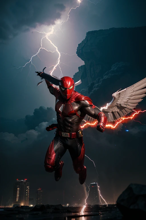gundala s holding a thick lightning bolt white , red long cool superhero , lightning in eyes, running high into the sky on the right and left of his head there are white wings, his head is wearing a red mask, lots of lightning, in the background there are skycapers building and many rock 