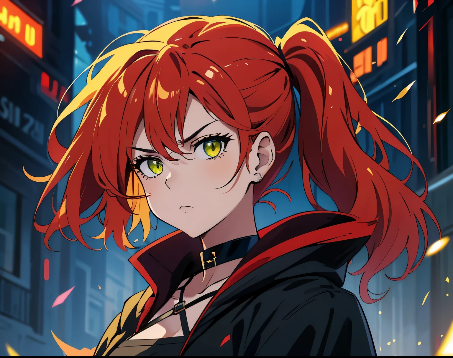 (high-quality, breathtaking),(expressive eyes, perfect face) 1girl, female, solo, age 21, young adult age, feminine face, red color hair, yellow green eye color, fluffy hair, curley wavy hair, medium hair length, side ponytail, pulled back hair, Symmetrical Eyes, portrait, headshot, stylish and edgy clothing, Tsundere, determined expression, looking at viewer, fantasy themed clothing, assassin attire, black choker, looking at viewer, red and black clothing color pallette, black cloak, black shirt