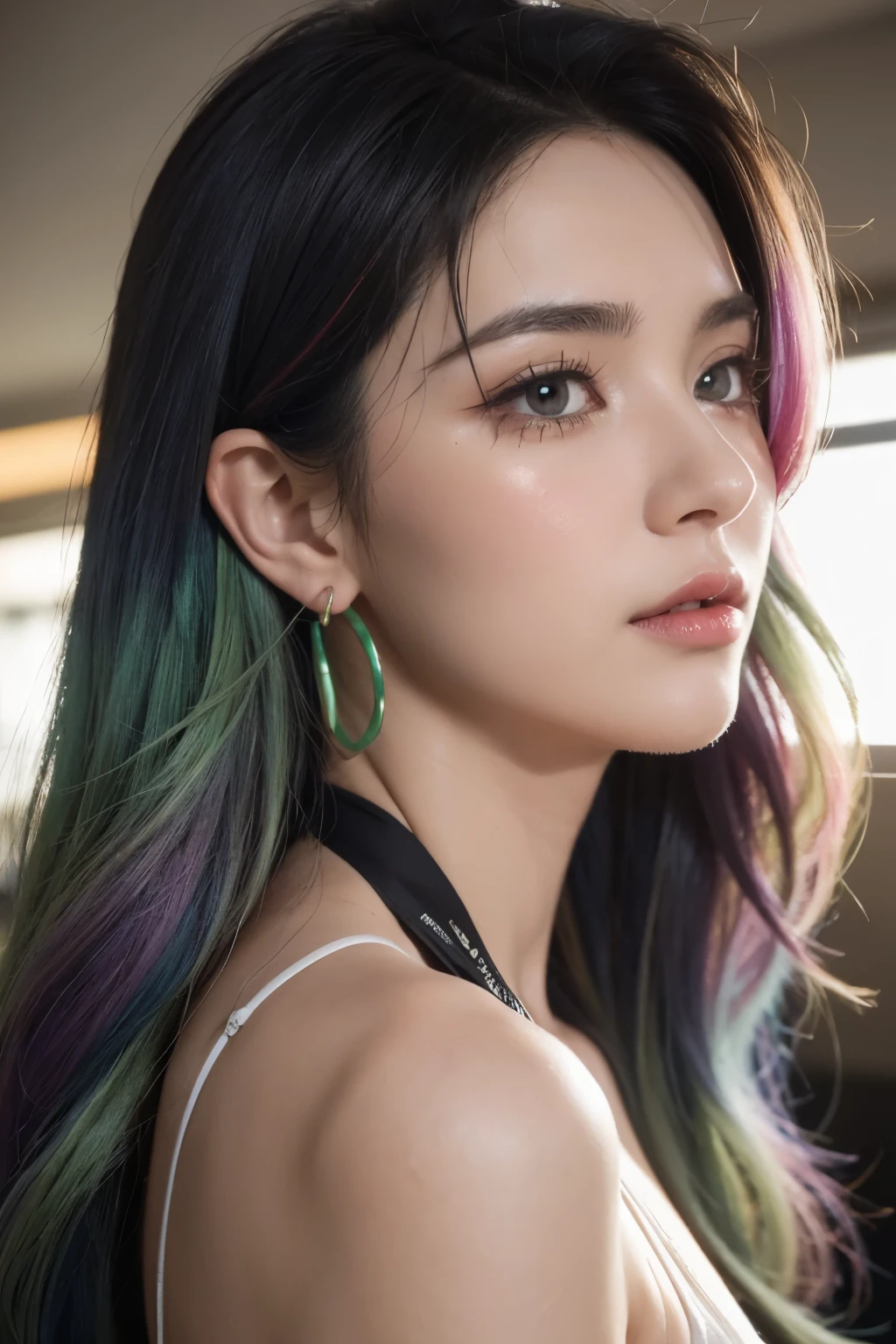 Striped hair0.8，Gradient hair 1.5，messy hair，ribbon，（Over the edge glasses 2），Green hair band0.5，（Crying with eyes open1.2），long eyelashes，crescent earrings，（Different color 1.5），tear，Projection illustration，close up，perspective，Ultra-wide angle 1，Ray tracing，movie lighting，animation，high detail，best quality，high resolution，masterpiece，anatomically correct，Texture of skin