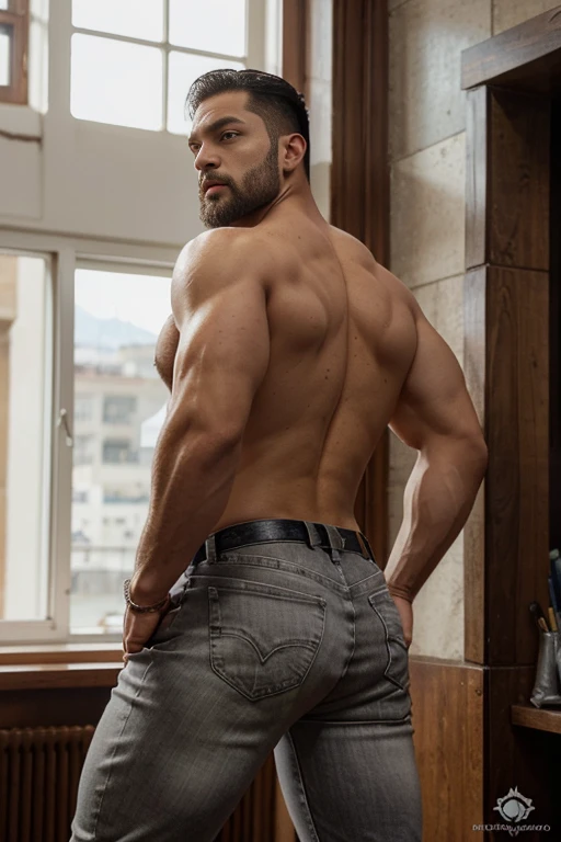 An illustration of Batman, a Greek god with a muscular build and a short, neat beard.............,muy nalgon, de espaldas. designed in modern western attire.............  El escenario es una ciudad cosmopolita............, evoking a classic cold atmosphere, sin dejar de mantener el aura poderosa y regia del dios.  Big ass backside gray white jeans bent over, empinado, agachado man