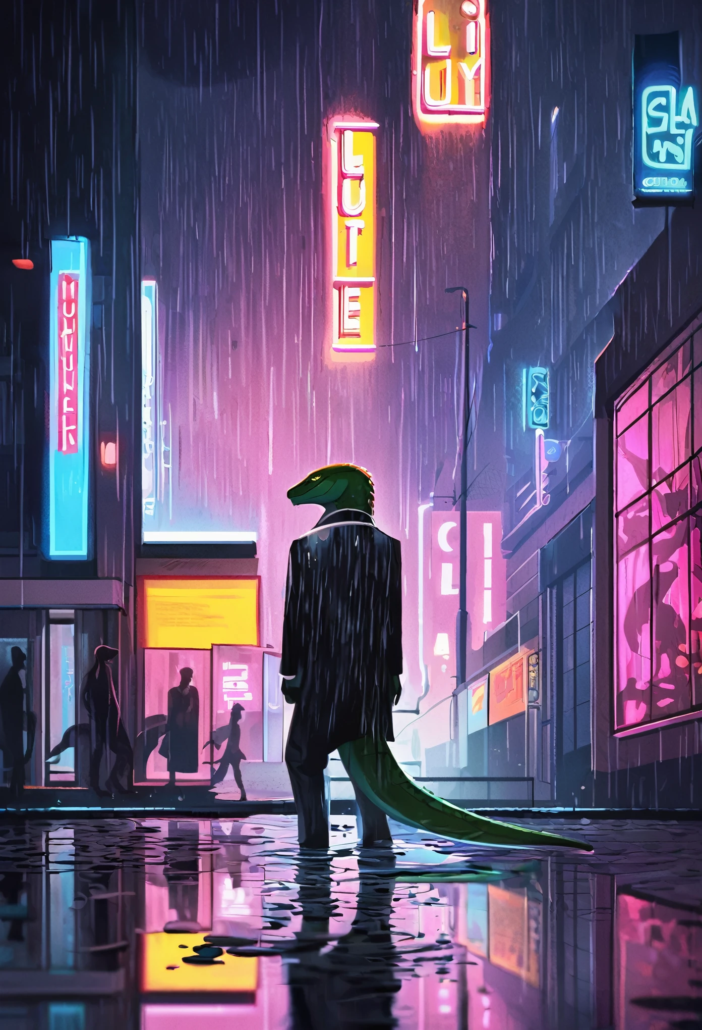 Lizard wearing a tuxedo wet in the rain, in the city, a night view with neon signs shining, silhouette reflected in a puddle, cinematic lighting,