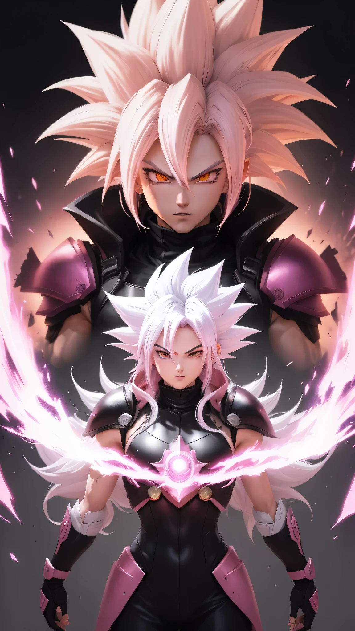 a drawing of a goku white hair with pink hair, artstyleunknown, full figure poster, dark aura, full art, cell shaded art, by theCHAMBA, black and reddish color armor, slick pink armor, official art, matte pink armor, official character art, wild spiky black saiyan hair, high detailed official artwork, colored manga panel