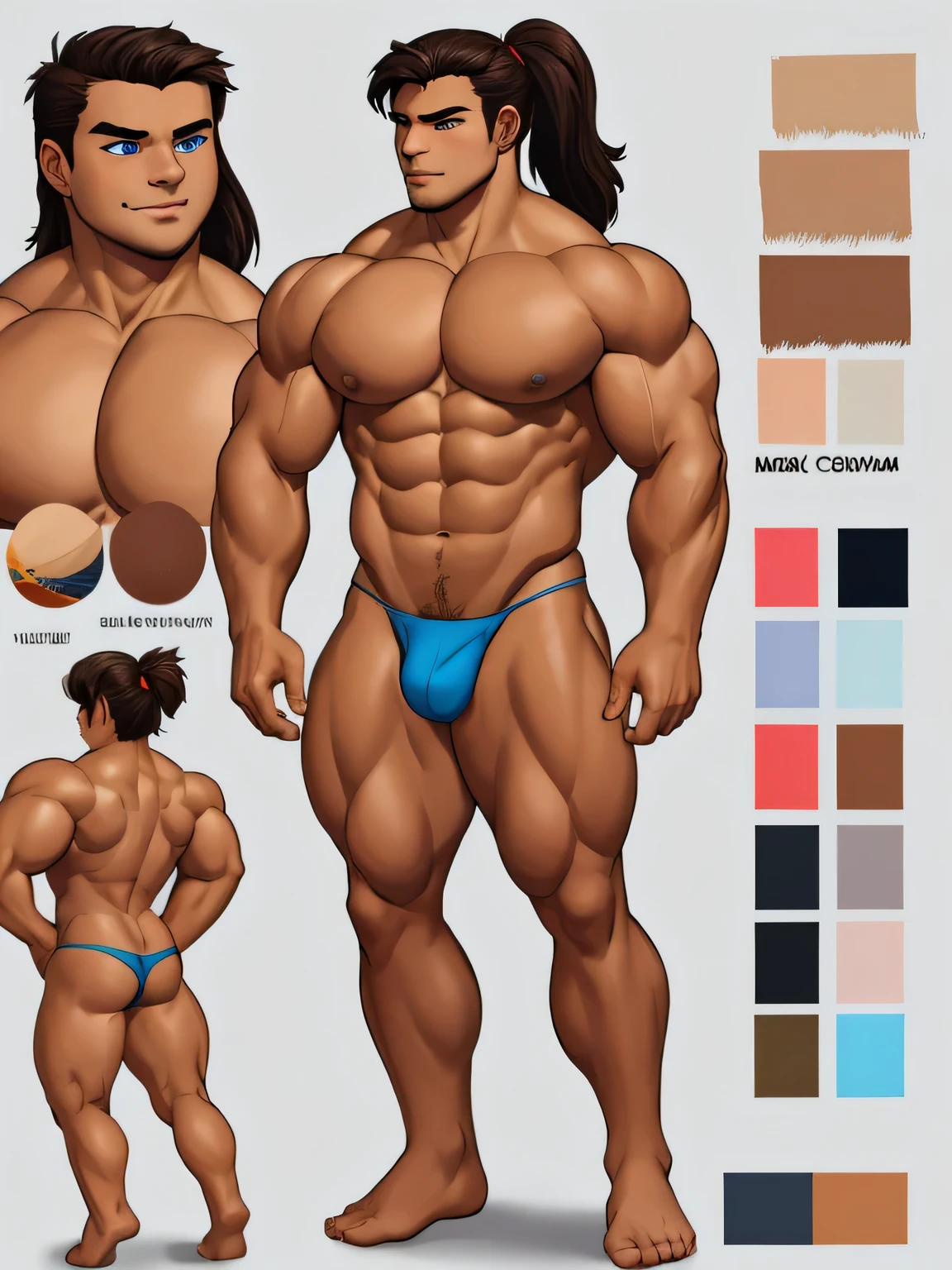 TANNED BOY. Conan Exiles style, ,((character design sheet,same character,front,side,back)) standing in front on stage, Full body volumetric lighting, muscles highlighted by light, Front light, Young bodybuilder, clean-shaven, Warrior, has no chest hair ( age) (Young face), Tanned skin (swarthy skin), muscular body (Good anatomy) 180 kg, body full of massive muscles, bodybuilder's body, narrow waist, huge pecs, very wide shoulders, V-shaped body, gigachad, massive muscles, Mexican facial features, dark brown hair, hair blown by the wind, Hair in a ponytail with bangs falling over the forehead and on Both Sides of Face, blue Eyes (Detailed Eyes) Big Eyes, ((Blue Eyes)), Teen Face, prominent pecs and abs, noticeable biceps, Shirtless, topless, wears a tight string thong, crotch bulge, almost naked, beautiful face, young face, perfect face. (((SHIRTLESS, TOPLESS)))