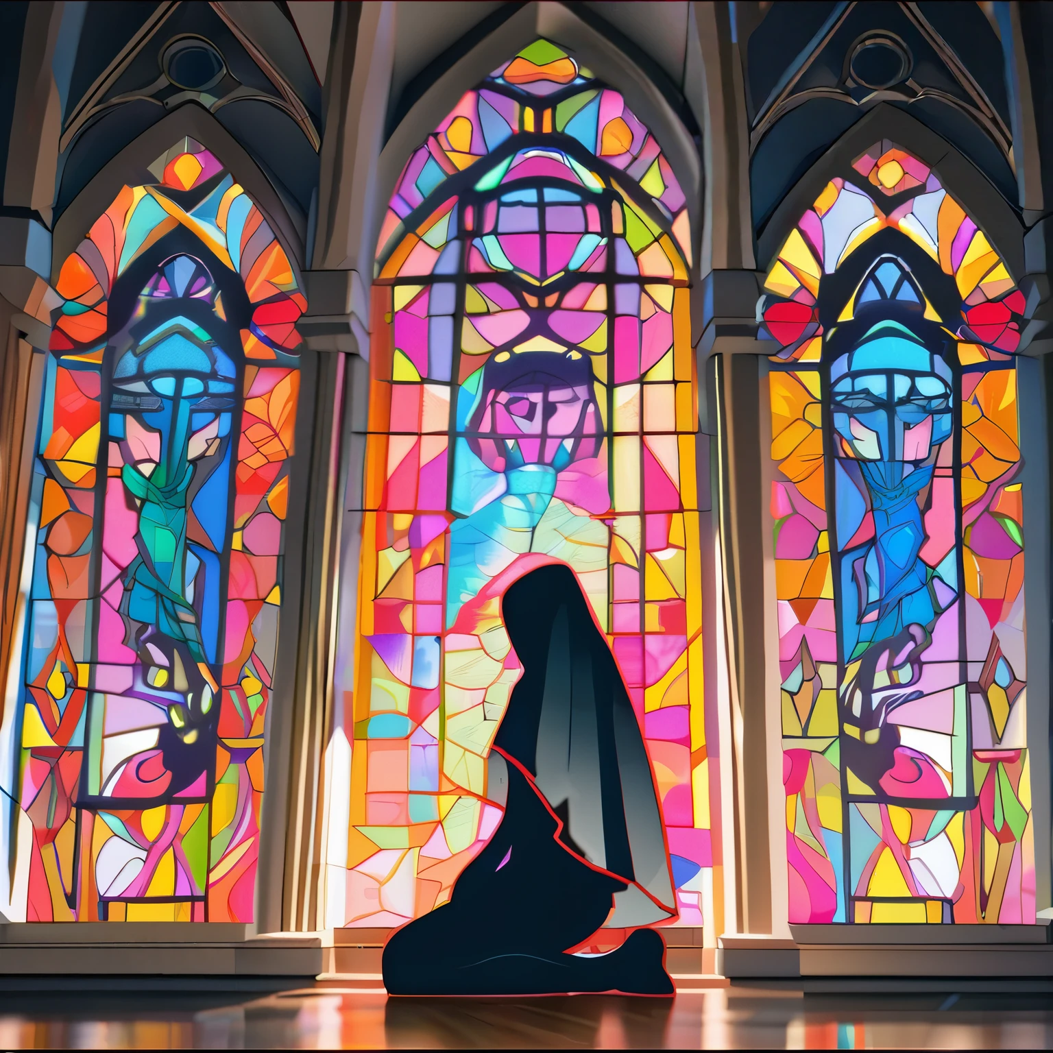 (best quality,8k,highres, masterpiece:1.2), ultra-detailed, (1 nun), Beautiful Church、Stained glass、Kneeling in Pray, (multiple exposures, silhouette art, intricate depictions),