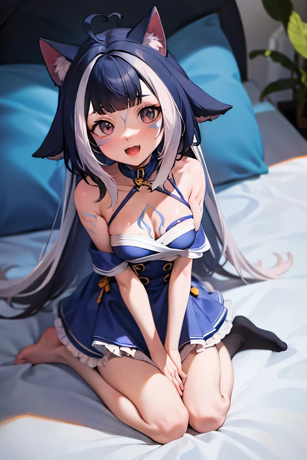 Ultra-realistic 8k CG, masterpiece, highest quality, 1 girl,Succubus,devil&#39;tail of,big breasts,blue hair,wolf cut,white nightgown,clothes made of thin fabric,provocation,lewd smile,mouth is open,Bedroom,bright,