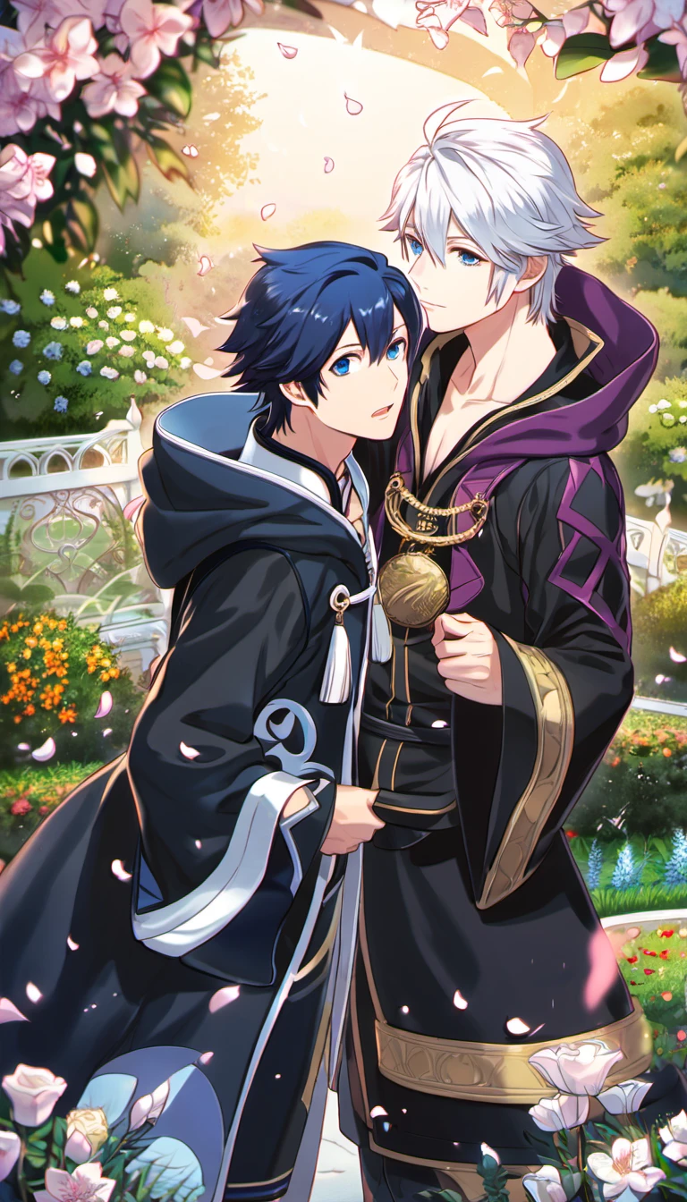 absurdres, highres, ultra detailed, HDR, master piece, best quality, Robin, white hair, expressive blue eyes, black tunic, hood, Fire Emblem Awakening, Chrom, dark blue hair, expressive blue eyes, 2men together, gay couple, handsome, petals, garden