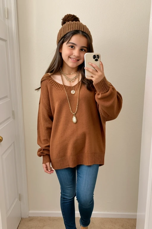 A 12 year old girl with straight brown hair wearing a big sweater and necklaces taking a full body selfie