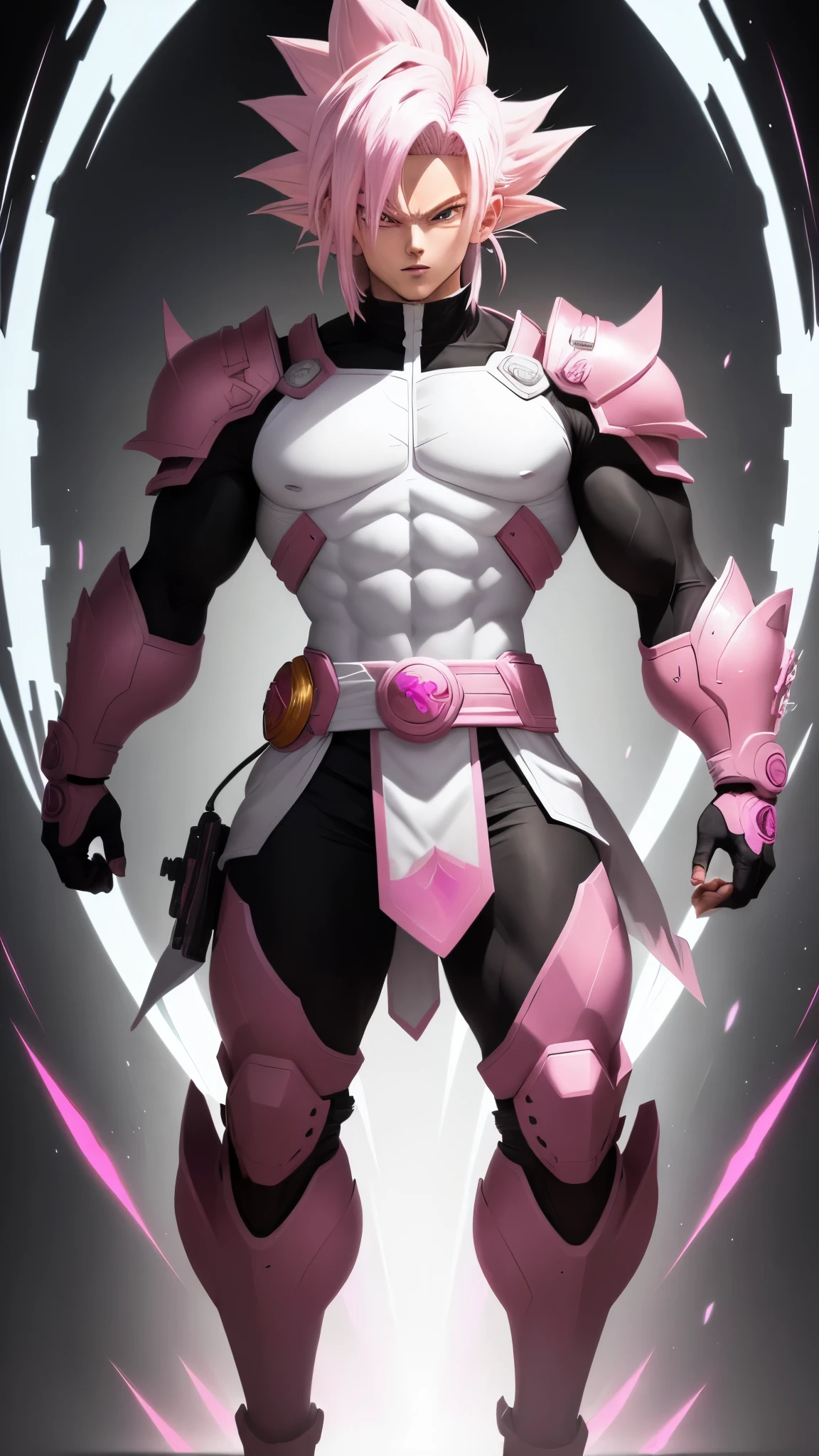 a drawing of a goku white hair with pink hair, artstyleunknown, full figure poster, dark aura, full art, cell shaded art, by theCHAMBA, black and reddish color armor, slick pink armor, official art, matte pink armor, official character art, wild spiky black saiyan hair, high detailed official artwork, colored manga panel