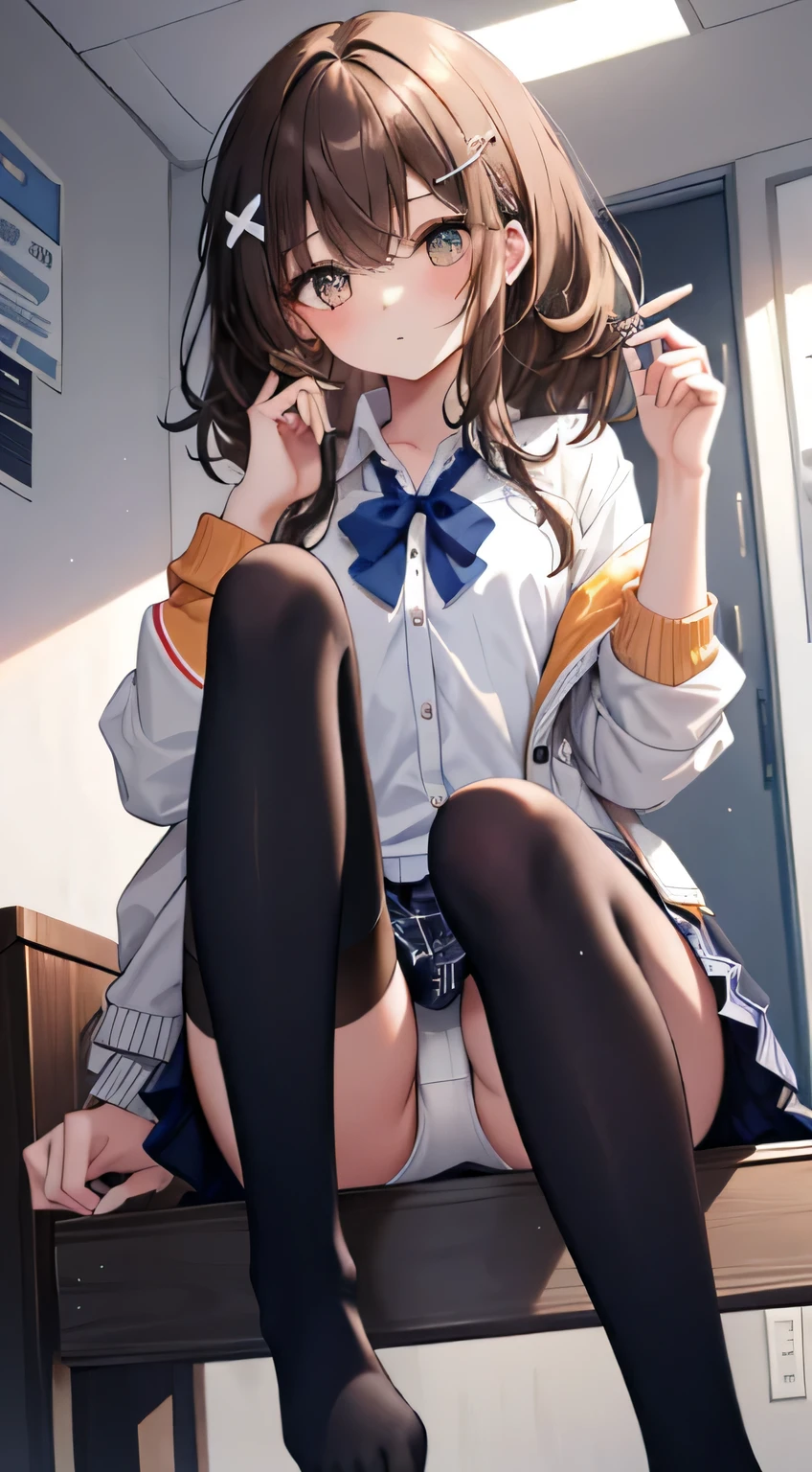 the best, masterpiece, High resolution, (whole body), front, Symmetrical, mature high school girls, alone, (whole body from head to toe), small breasts, slightly messy hair, (black beat), black pantyhose, composition Showing white panties, Slender, A very beautiful and tall -yeld gi ((no shoes)) , shy big eyes, ( (brown hair)), (Bangs), messy hair, (hairpin), looking at camera, Showing white panties, (She was asked to sit with her legs spread in an M shape..), White ruffled underwear, high school blazer, Tall white shirt, Blue Ribbon High School, High tube short plaid+Navy blue pleated skirt