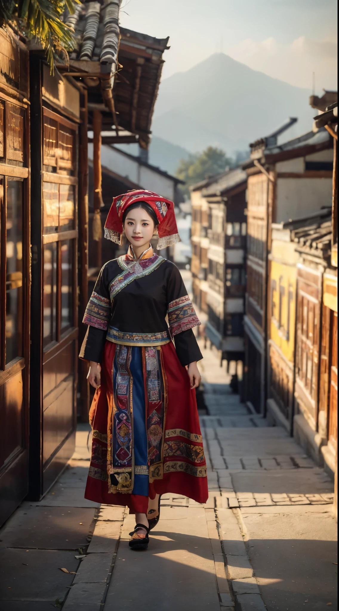 a girl，Wearing the traditional costumes of the Zhuang people，Walking towards the camera，The background is terraces，daytime，pond，Hazy mountains，Looking up，The front of the face faces the audience