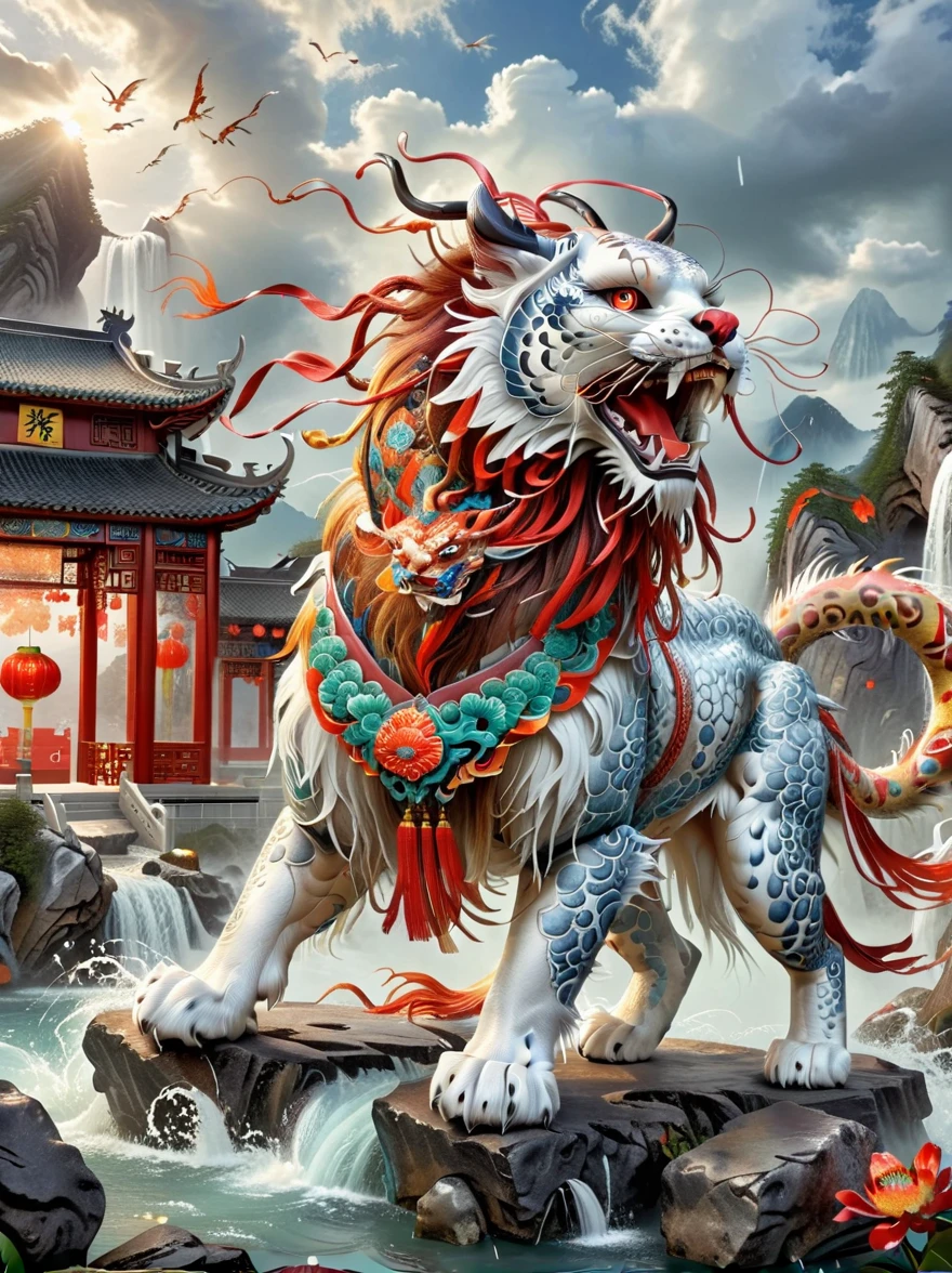 (Best quality, tmasterpiece, iintricate, hyper-detailing, extremely detailed CG unity wallpaper), A kind of monster in the mythology of the ancient Chinese book of the Classic of Mountains and Seas, Great Wilderness East Meridian, A mythical beast in Chinese mythology, (Shaped like a red snow leopard, Small and powerful, It has a majestic body and sharp claws, The whole body is covered with fur red as blood), (((The forehead has a sharp horn))), (((It has five tails behind it))), And both eyes radiate lightning, Surrounded by lightning, White clouds surround, Dreamland Wonderland、Genting Heavenly Palace, The peaks are steep, Strange rocks, fanciful, ogre, fang, Riding, Faraway view, (Best quality, tmasterpiece, iintricate, hyper-detailing, RAW photo, hyper HD, ultra high resolution, extremely detailed CG unity wallpaper, Chinese colors, The color is bright, brightly, Traditional Chinese elements, ((Ancient mural)), legendary, Dappled light, Hazy haze, mystical aura, tmasterpiece, k hd, Rich in color, Detailed details, (Colorful colors), 8K