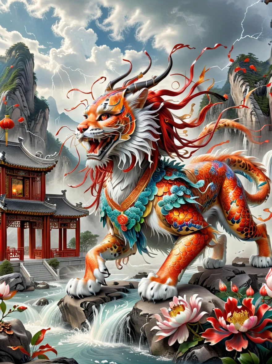 (Best quality, tmasterpiece, iintricate, hyper-detailing, extremely detailed CG unity wallpaper), A kind of monster in the mythology of the ancient Chinese book of the Classic of Mountains and Seas, Great Wilderness East Meridian, A mythical beast in Chinese mythology, (Shaped like a red snow leopard, Small and powerful, It has a majestic body and sharp claws, The whole body is covered with fur red as blood), (((The forehead has a sharp horn))), (((It has five tails behind it))), And both eyes radiate lightning, Surrounded by lightning, White clouds surround, Dreamland Wonderland、Genting Heavenly Palace, The peaks are steep, Strange rocks, fanciful, ogre, fang, Riding, Faraway view, (Best quality, tmasterpiece, iintricate, hyper-detailing, RAW photo, hyper HD, ultra high resolution, extremely detailed CG unity wallpaper, Chinese colors, The color is bright, brightly, Traditional Chinese elements, ((Ancient mural)), legendary, Dappled light, Hazy haze, mystical aura, tmasterpiece, k hd, Rich in color, Detailed details, (Colorful colors), 8K