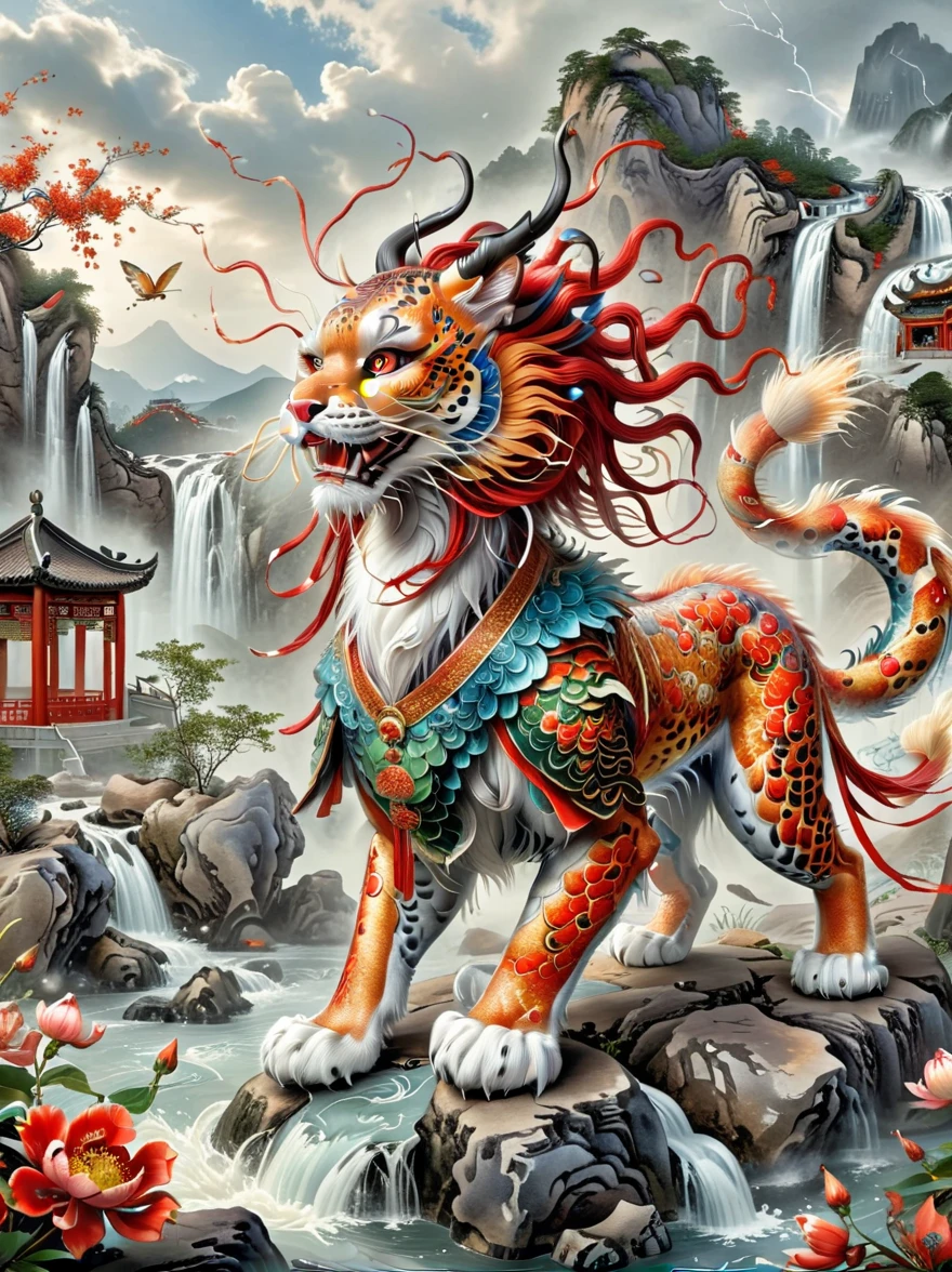 (Best quality, tmasterpiece, iintricate, hyper-detailing, extremely detailed CG unity wallpaper), A kind of monster in the mythology of the ancient Chinese book of the Classic of Mountains and Seas, Great Wilderness East Meridian, A mythical beast in Chinese mythology, (Shaped like a red snow leopard, Small and powerful, It has a majestic body and sharp claws, The whole body is covered with fur red as blood), (((The forehead has a sharp horn))), (((It has five tails behind it))), And both eyes radiate lightning, Surrounded by lightning, White clouds surround, Dreamland Wonderland、Genting Heavenly Palace, The peaks are steep, Strange rocks, fanciful, ogre, fang, Riding, Faraway view, (Best quality, tmasterpiece, iintricate, hyper-detailing, RAW photo, hyper HD, ultra high resolution, extremely detailed CG unity wallpaper, Chinese colors, The color is bright, brightly, Traditional Chinese elements, ((Ancient mural)), legendary, Dappled light, Hazy haze, mystical aura, tmasterpiece, k hd, Rich in color, Detailed details, (Colorful colors), 8K