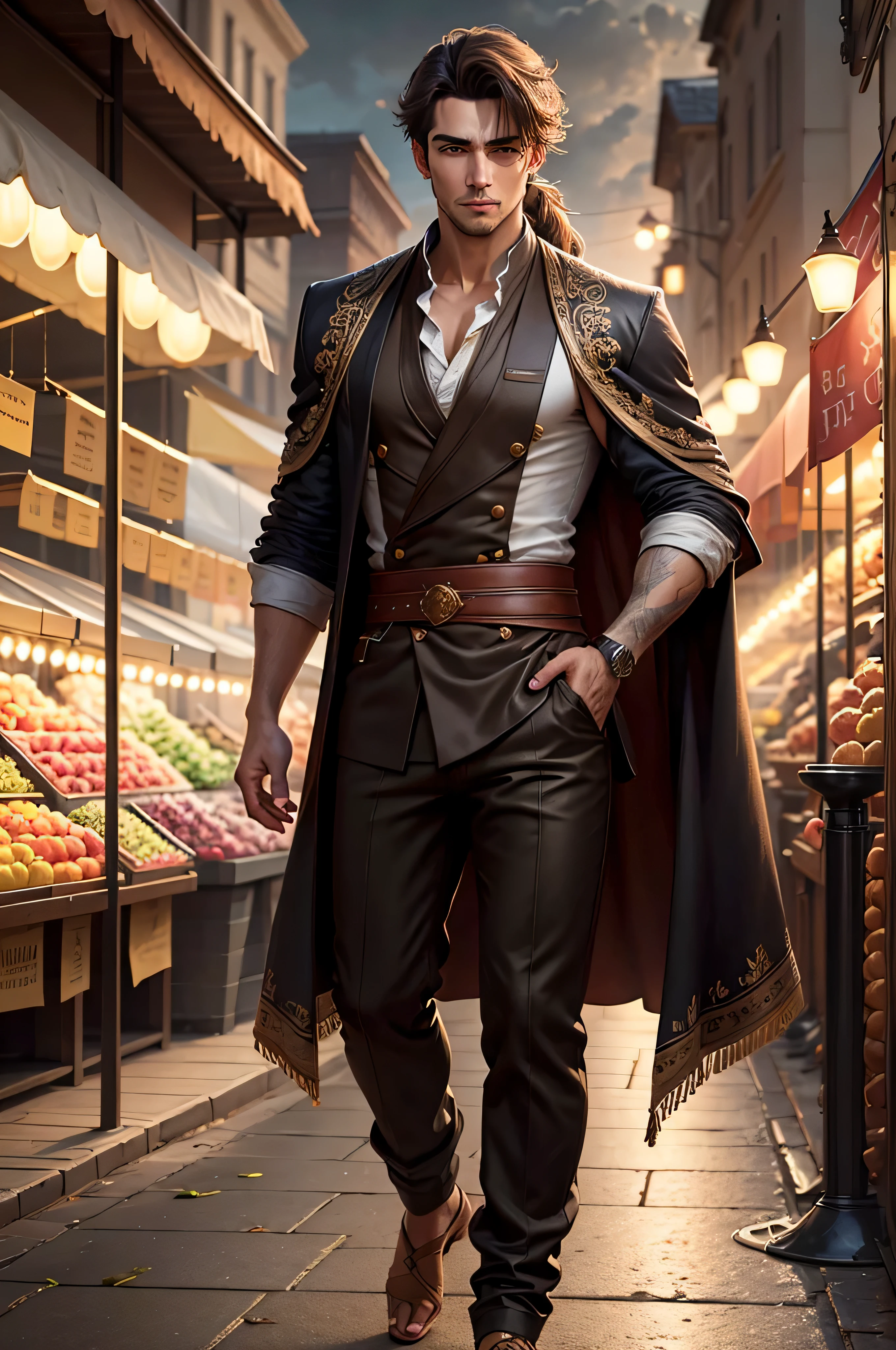 handsome young man in a market place, confidence, volumetric lighting, 8k resolution, photorealistic, ultra-high quality, opulent detailed background, medium length dark brown hair, messy ponytail, wearing a long cotton robe, dark brown long pants, full body