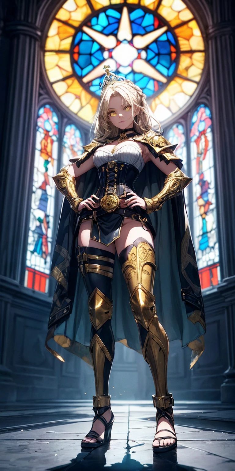 paladin lady in ornate golden armor, black collar, pauldrons, breastplate, corset, glowing halo, single braid, blonde, yellow glowing eyes, bright pupils, eye focus, red cape, temple indoors, stained glass windows, night, moonlight, particles, light beam, chromatic aberration, (full body, whole body. 1solo (girl). slave fighter, loincloth standing, hands on hips full body, whole body. 1solo (girl). slave fighter, loincloth standing, hands on hips, metal sandals, backpack, choker, big belt, view from below, feet together, bracers, tiara)