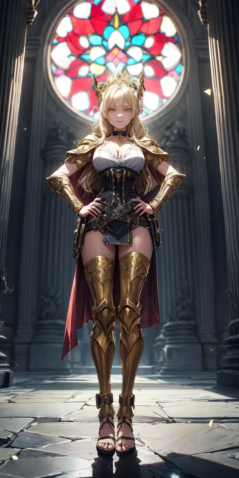 paladin lady in ornate golden armor, black collar, pauldrons, breastplate, corset, glowing halo, single braid, blonde, yellow glowing eyes, bright pupils, eye focus, red cape, temple indoors, stained glass windows, night, moonlight, particles, light beam, chromatic aberration, (full body, whole body. 1solo (girl). slave fighter, loincloth standing, hands on hips full body, whole body. 1solo (girl). slave fighter, loincloth standing, hands on hips, metal sandals, backpack, choker, big belt, view from below, feet together, bracers, tiara)