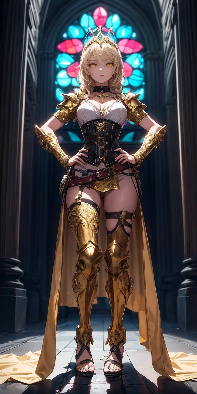 paladin lady in ornate golden armor, black collar, pauldrons, breastplate, corset, glowing halo, single braid, blonde, yellow glowing eyes, bright pupils, eye focus, red cape, temple indoors, stained glass windows, night, moonlight, particles, light beam, chromatic aberration, (full body, whole body. 1solo (girl). slave fighter, loincloth standing, hands on hips full body, whole body. 1solo (girl). slave fighter, loincloth standing, hands on hips, metal sandals, backpack, choker, big belt, view from below, feet together, bracers, tiara)