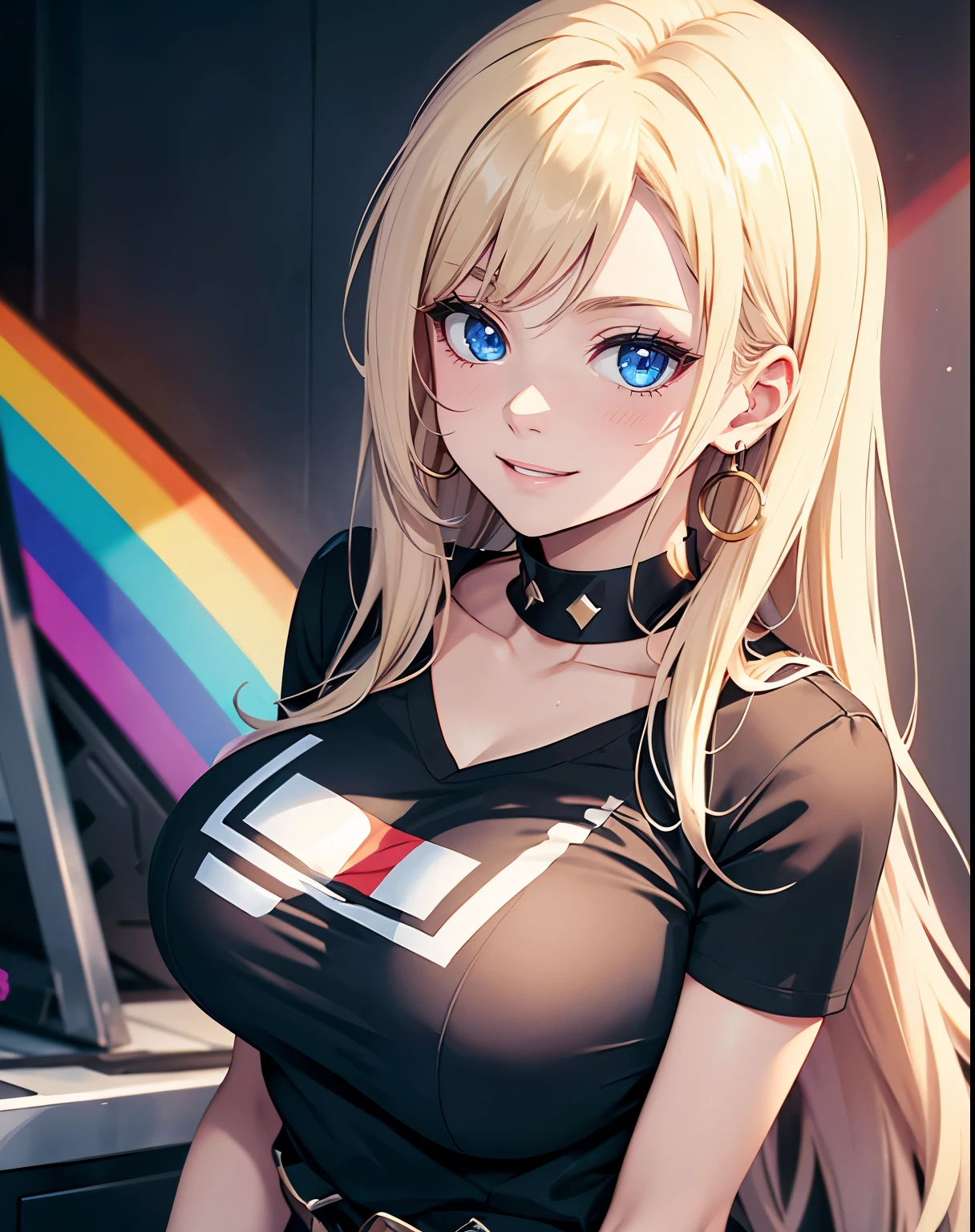 1girl, (Blue eyes), (smiling :1.2), (Sana Minatozaki), wide hips, Big tits :1.2, big ass, (Best Quality, 8k, Masterpiece: 1.3), Clear Focus: 1.2, Perfect Body Beauty: 1.4, Highly detailed face and skin texture, detailed eyes, double eyelids, (blonde long straight hair :1.2), dressed stylishly, cleavage Black T-shirt, statement earrings, jewelry, Upper body shot, background: colorful rainbow wall :1.3, Cool