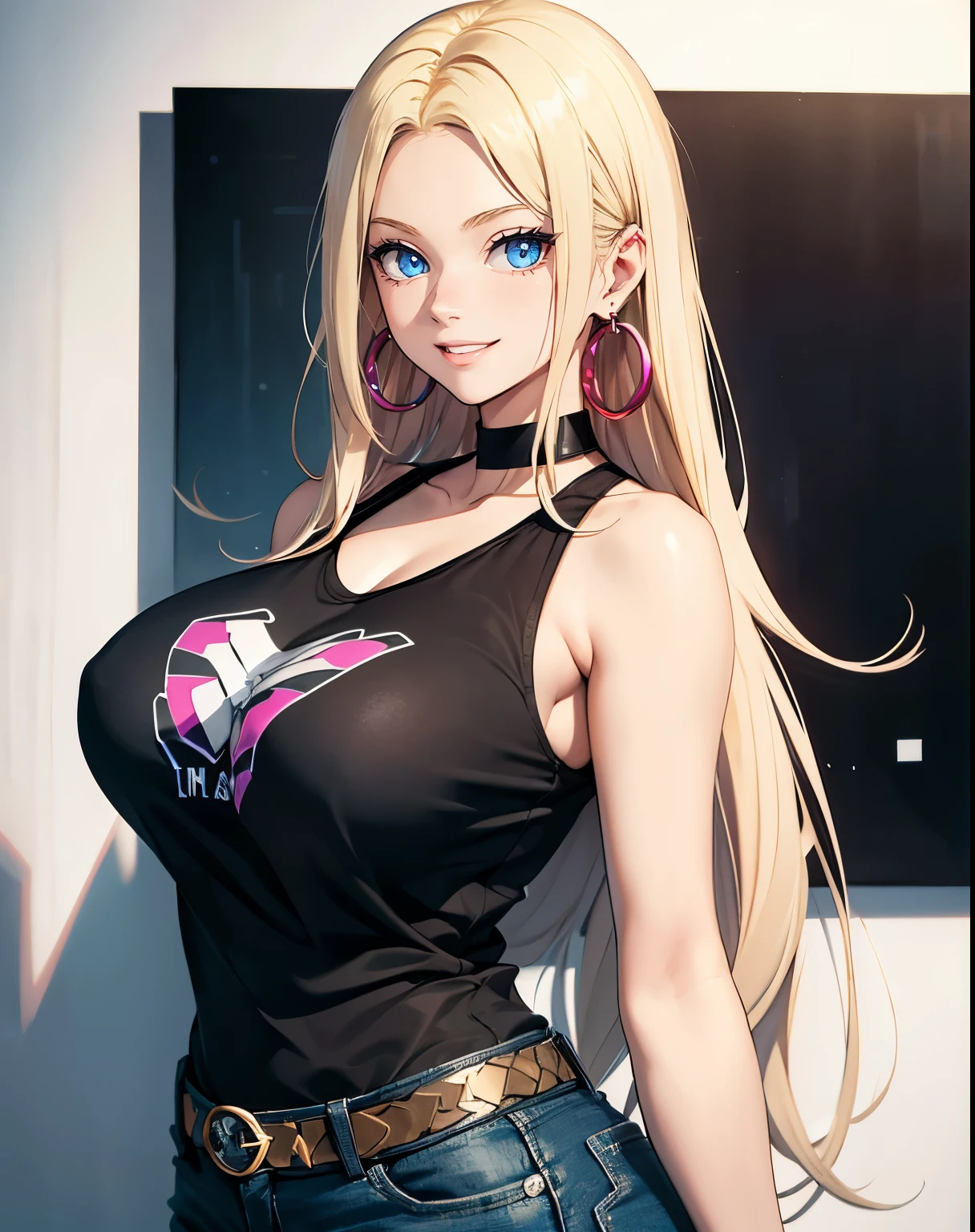 1girl, (Blue eyes), (smiling :1.2), (Sana Minatozaki), wide hips, Big tits :1.2, big ass, (Best Quality, 8k, Masterpiece: 1.3), Clear Focus: 1.2, Perfect Body Beauty: 1.4, Highly detailed face and skin texture, detailed eyes, double eyelids, (blonde long straight hair :1.2), dressed stylishly, cleavage Black T-shirt, statement earrings, jewelry, Upper body shot, background: colorful rainbow wall :1.3, Cool