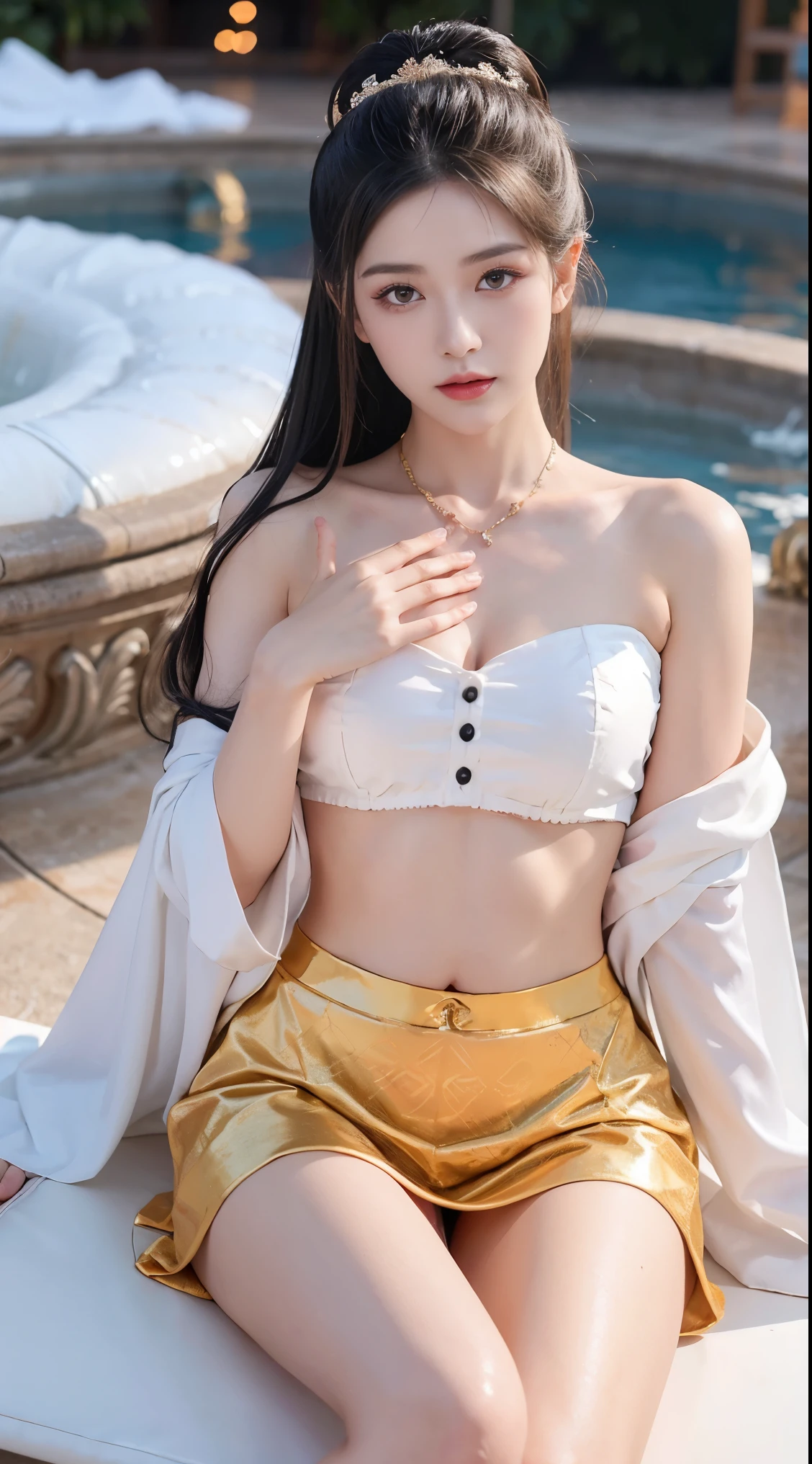 Best image quality，extremely high resolution，Very detailed，stunning girl，sitting in the pool，long eyelashes，big eyes，shining eyes，lying silkworm，plump lips，small nose，happy expression，Sweet，Exquisite makeup，full-body shot，snow white skin，slim figure，take off shoulders，clavicle，abdomenband，abdomen，abdomen button，Slender white legs，White and tender skin，White embroidered mini skirt，necklace，Showing thighs，lace，Sweet，Long hair flying，best quality，masterpiece，full-body shot，facial focus，slim figure，细腰白色abdomenband，imagine，full-body shot
Model: hanfu, CFG size: 7, Hire high-end talents: 1.5, Laura: future fashion(0.4)、neon(0.4)、martial arts(0.8)、Asian Face Girls-2(0.4)、poetic fairy tale(0.01)