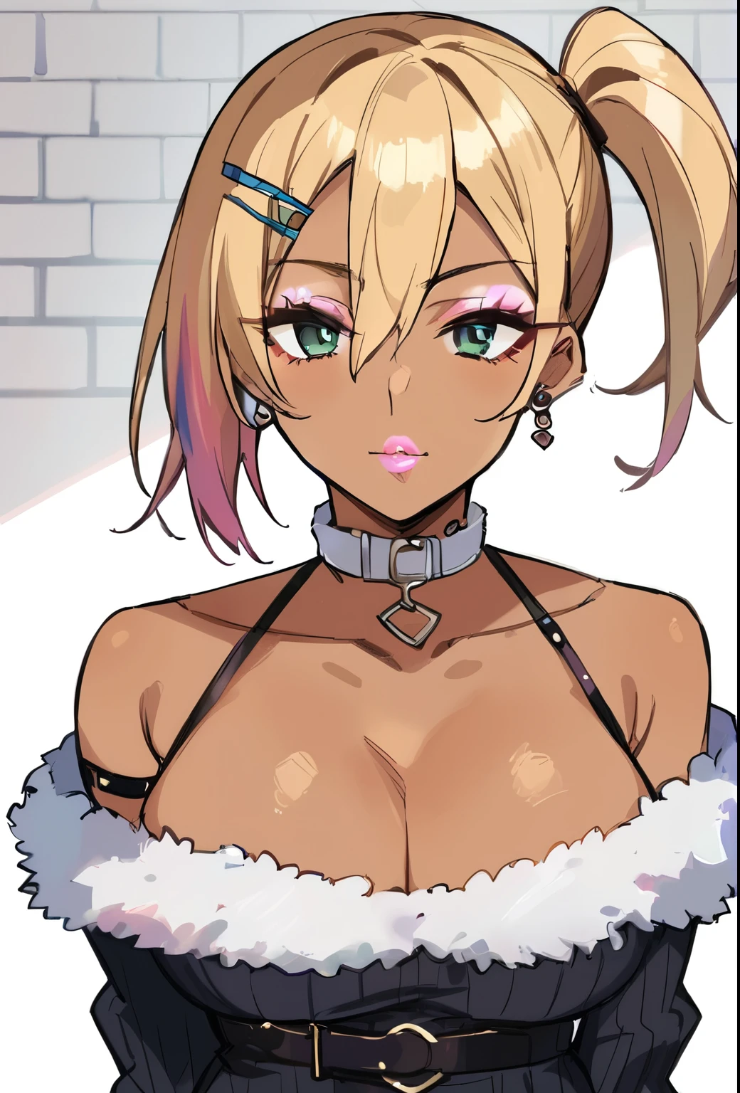 Score_9, score_8_up, score_7_up, score_6_up,  gyaru, source_anime, 1girl, solo, white background,  brick wall backdrop, upper body, looking at viewer, BREAK, earrings, BREAK, thin pink lips, tanned skin, pink makeup,  ribbed sweater, fur trim, bare shoulders, off shoulder, white choker, hairclip, ubel,long hair,side ponytail,hair between eyes,bangs,black choker,bare shoulders,cleavage,halterneck,black dress,sleeveless,arm strap,single glove,belt,black skirt,buckle,black belt,thigh strap,knee boots,black footwear