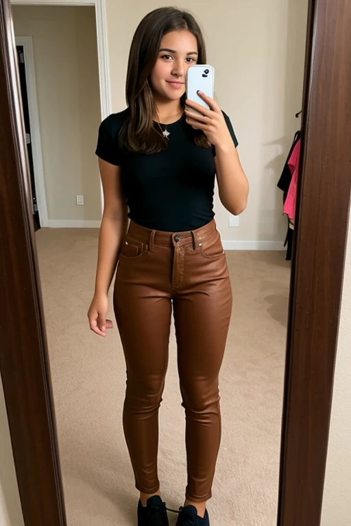 A 12 year old girl with straight brown hair wearing tight pants showing her butt taking a full body selfie