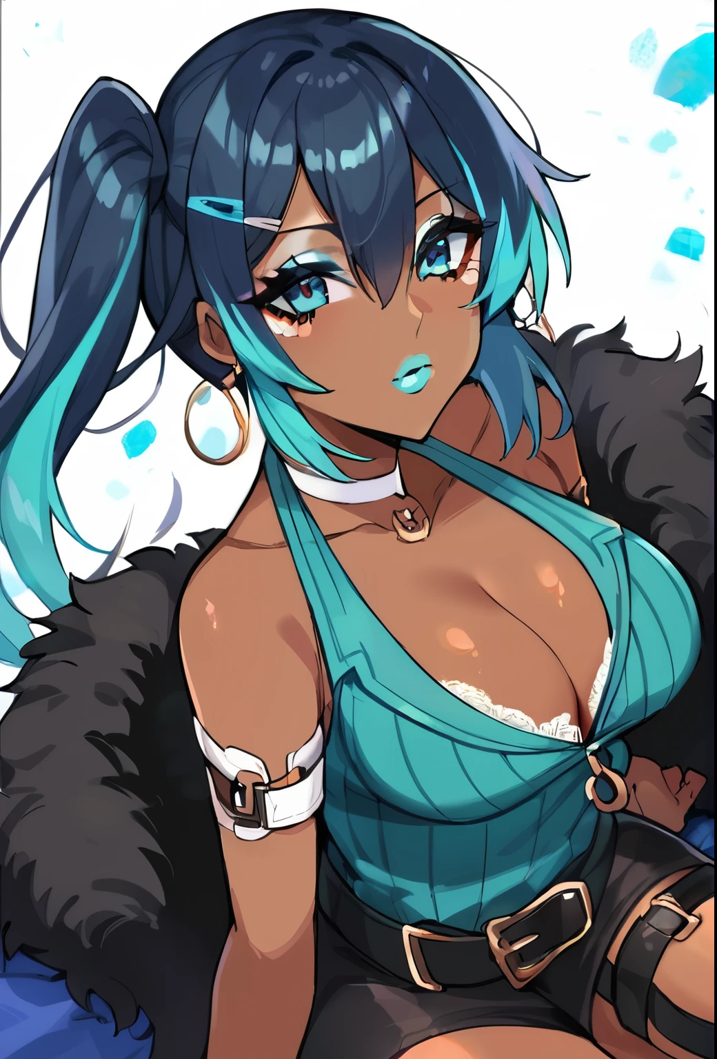 Score_9, score_8_up, score_7_up, score_6_up, ganguro, source_anime, 1girl, solo, white background, abstract rectangular background, upper body, looking at viewer, BREAK, cyan highlights, hoop earrings, BREAK, cyan lips, dark skin, makeup, eyeshadow, cyan dress, cyan ribbed sweater, fur trim, bare shoulders, off shoulder, white choker, hairclip, (cleavage, laced white bra), ubel,long hair,side ponytail,hair between eyes,bangs,black choker,bare shoulders,cleavage,halterneck,black dress,sleeveless,arm strap,single glove,belt,black skirt,buckle,black belt,thigh strap,knee boots,black footwear