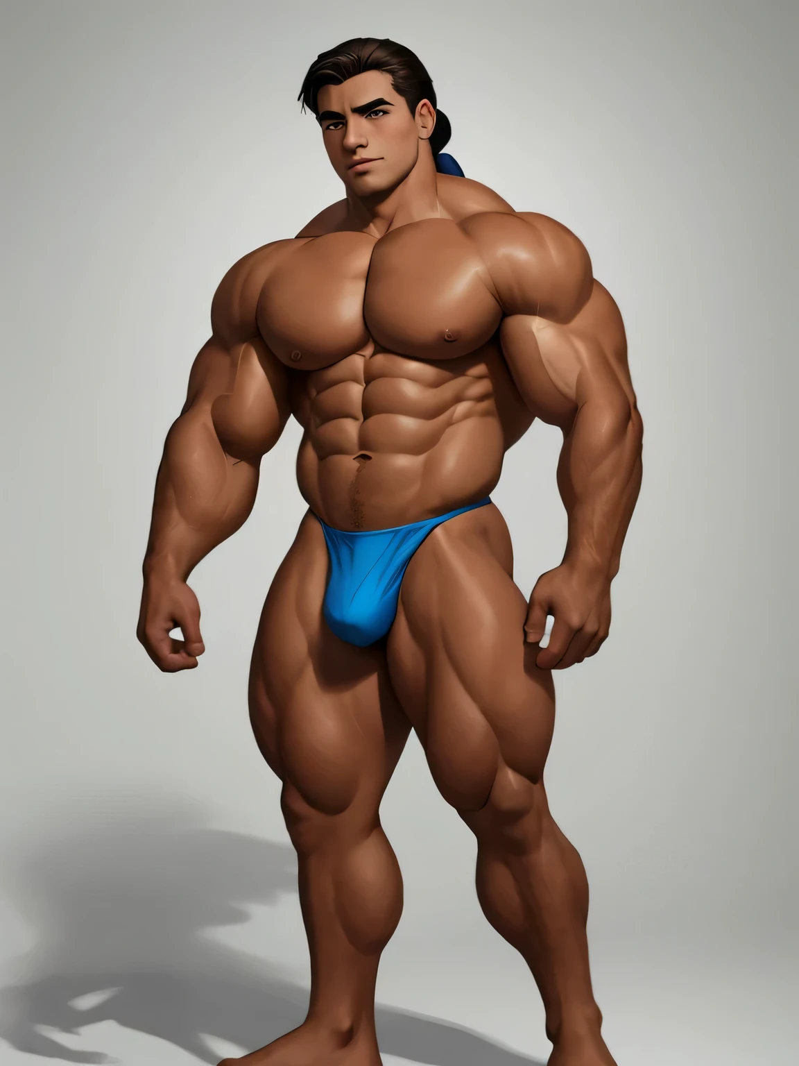 TANNED BOY. Conan Exiles style, ((masterpiece)),(((best quality))),((character design sheet,same character,front,side,back)), ((Extremely realistic shadows, Masterpiece, extremely detailed, photorealistic)) standing in front on stage, Full body volumetric lighting, muscles highlighted by light, Front light, Young bodybuilder, clean-shaven, Warrior, has no chest hair ( age) (Young face), Tanned skin (swarthy skin), muscular body (Good anatomy) 180 kg, body full of massive muscles, bodybuilder's body, narrow waist, huge pecs, very wide shoulders, V-shaped body, gigachad, massive muscles, Mexican facial features, dark brown hair, hair blown by the wind, Hair in a ponytail with bangs falling over the forehead and on Both Sides of Face, blue Eyes (Detailed Eyes) Big Eyes, ((Blue Eyes)), Teen Face, prominent pecs and abs, noticeable biceps, Shirtless, topless, wears a tight string thong, crotch bulge, almost naked, beautiful face, young face, perfect face. (((SHIRTLESS, TOPLESS)))