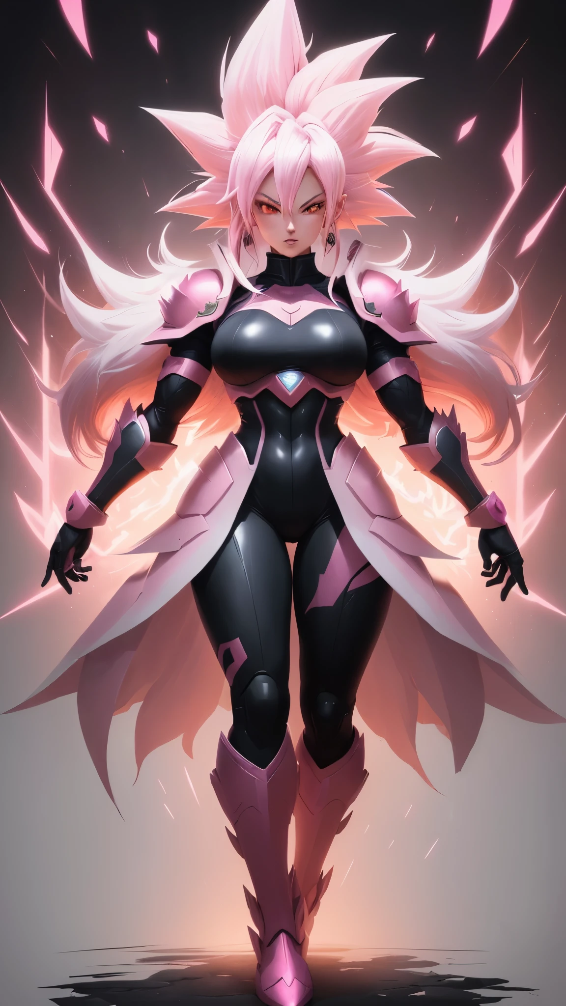 a drawing of a goku white hair with pink hair, artstyleunknown, full figure poster, dark aura, full art, cell shaded art, by theCHAMBA, black and reddish color armor, slick pink armor, official art, matte pink armor, official character art, wild spiky black saiyan hair, high detailed official artwork, colored manga panel