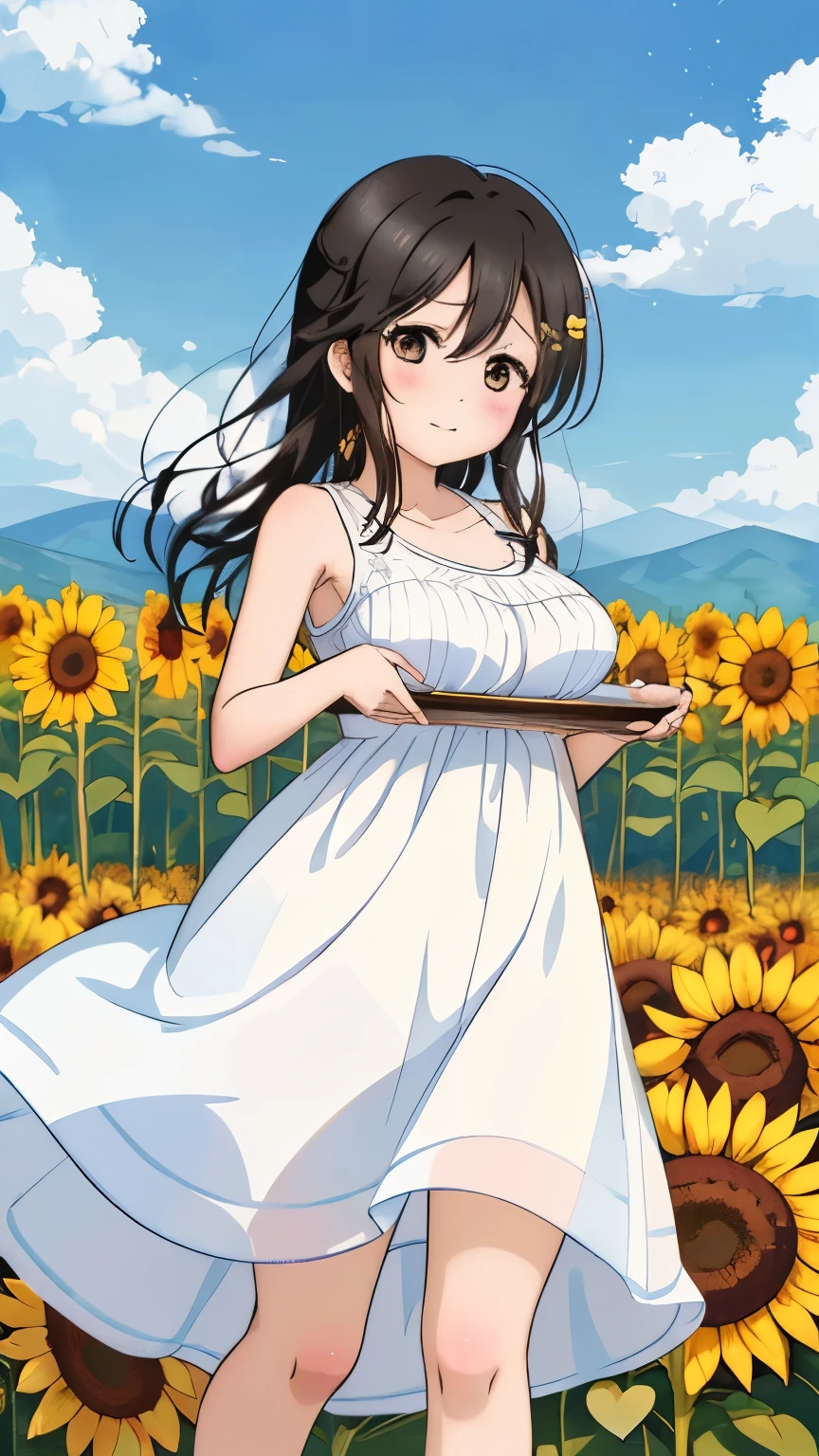 1 girl, alone,  brown eyes, black hair, long hair,half up、 (white dress:1.4),Sunflower field, blue sky、very big breasts、expose one&#39;s chest、Bare your breasts、put the chest on the tray、nipples are transparent、blush、embarrassing、scared face、in trouble、confused face、A lot of milk comes out of the nipples、Breast milk squirts out of the nipples、very short skirt、micro mini skirt、The shape of a woman&#39;s private parts is clearly visible