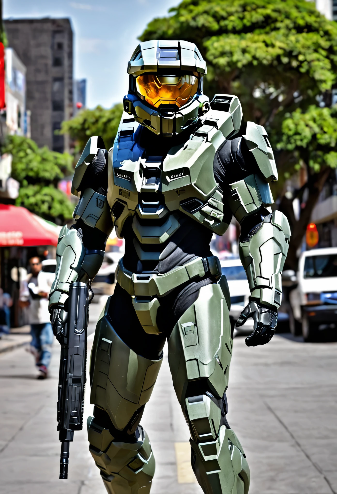 , parte maestra: 1.7), ultra detallado,(realista, foto realista, foto realista :1.64),master chief halo 4, zona peatonal centro de leon mexico