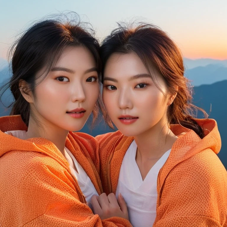 (high resolution, ultra-detailed, photorealistic), ((half body:1.4)) photo of sjang and her identical twin, leaning on each other, mountaintop, sunset, beautiful, amazing