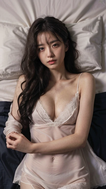 (night:1.6)、Inspired by the 007 movie、Tense atmosphere、(original photography、8K、Masterpiece、high resolution、very complicated)、(top quality)、(Reality的:1.4)、(Full body female love:1.6)、movie lighting 、winter、cold、exquisite girl、 Exquisite facial features、1 beautiful woman、20 years old、tall and sexy、((Woman lying flat on bed))、Long wavy hair、(wet hair:1.6)、(Very detailed)、single focus、((Perfect body))、(Silk Nightdress、lace shorts:1.2)、(Complex nightgown、stripe、pattern、flowers、hollow)、(small 、cleavage)、(slender legs:1.5)、(Reality)