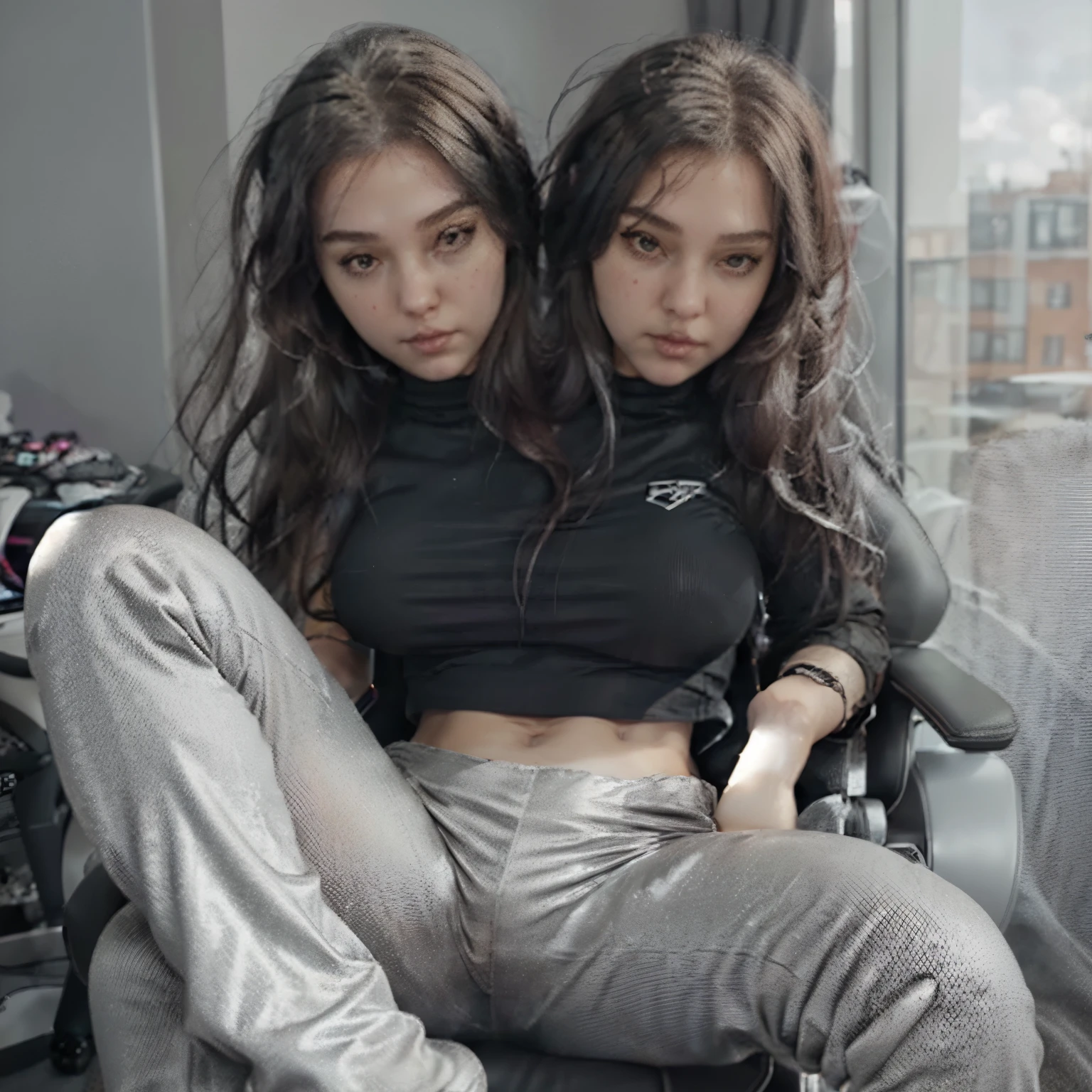 1girl,black gaming chair,sitting,silver top,silver pants, slouching, (two heads)