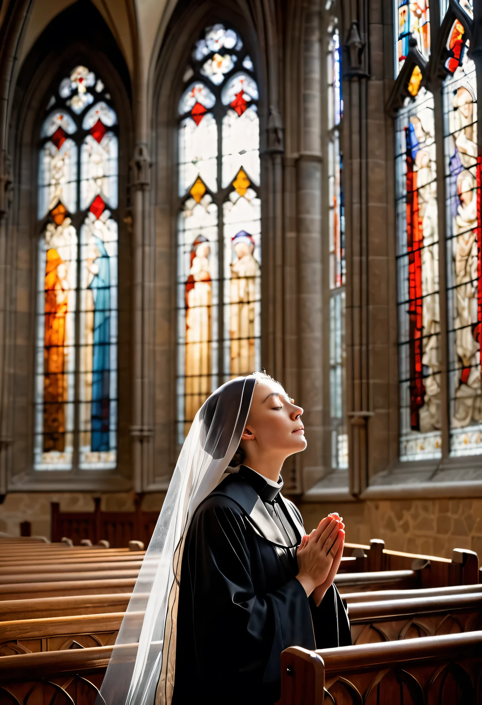 Nun praying in choir, standing in cathedral, wearing robes and veil, looking down in prayer with eyes closed, calm and uplifted expression, gothic cathedral with stained glass and high ceiling, choir seating, sacred, uplifting spiritual atmosphere, natural light, warm and ethereal colours