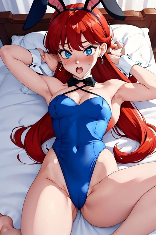 (8k, RAW photo, best quality, masterpiece:1.2), RanmaChan, bunny, blue eyes, red hair, rabbit ears, breastsl ears, earrings, cleavage, blacd, 1girl, fake animal ears, jewelry, eyelashes, tail, lying on bed, open legs, blush, open mouth