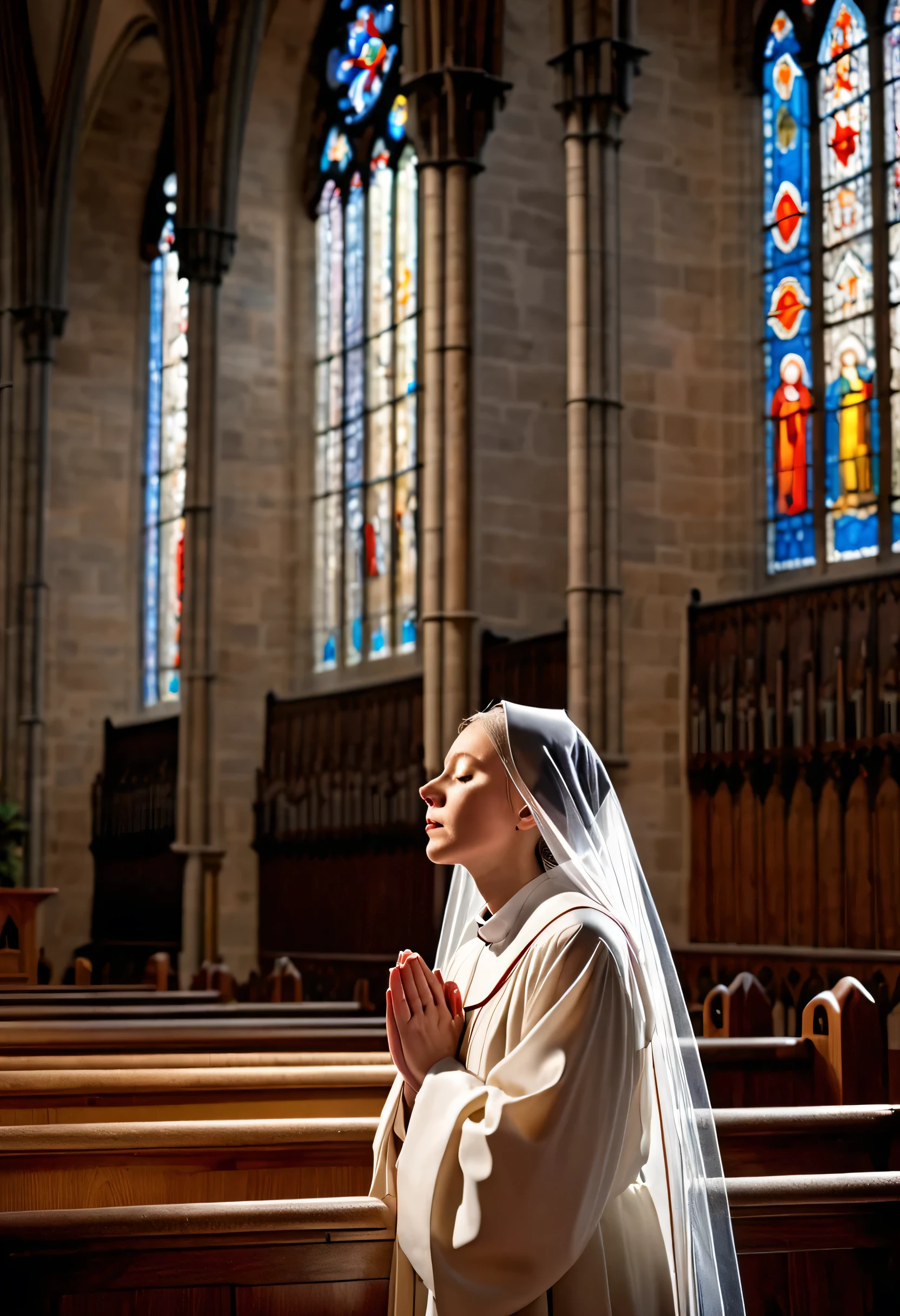 Nun praying in choir, standing in cathedral, wearing robes and veil, eyes closed, looking down, hands folded in prayer, calm and uplifted expression, gothic cathedral with stained glass and high ceiling, choir seating, sacred, uplifting spiritual atmosphere, natural light, warm and ethereal colours