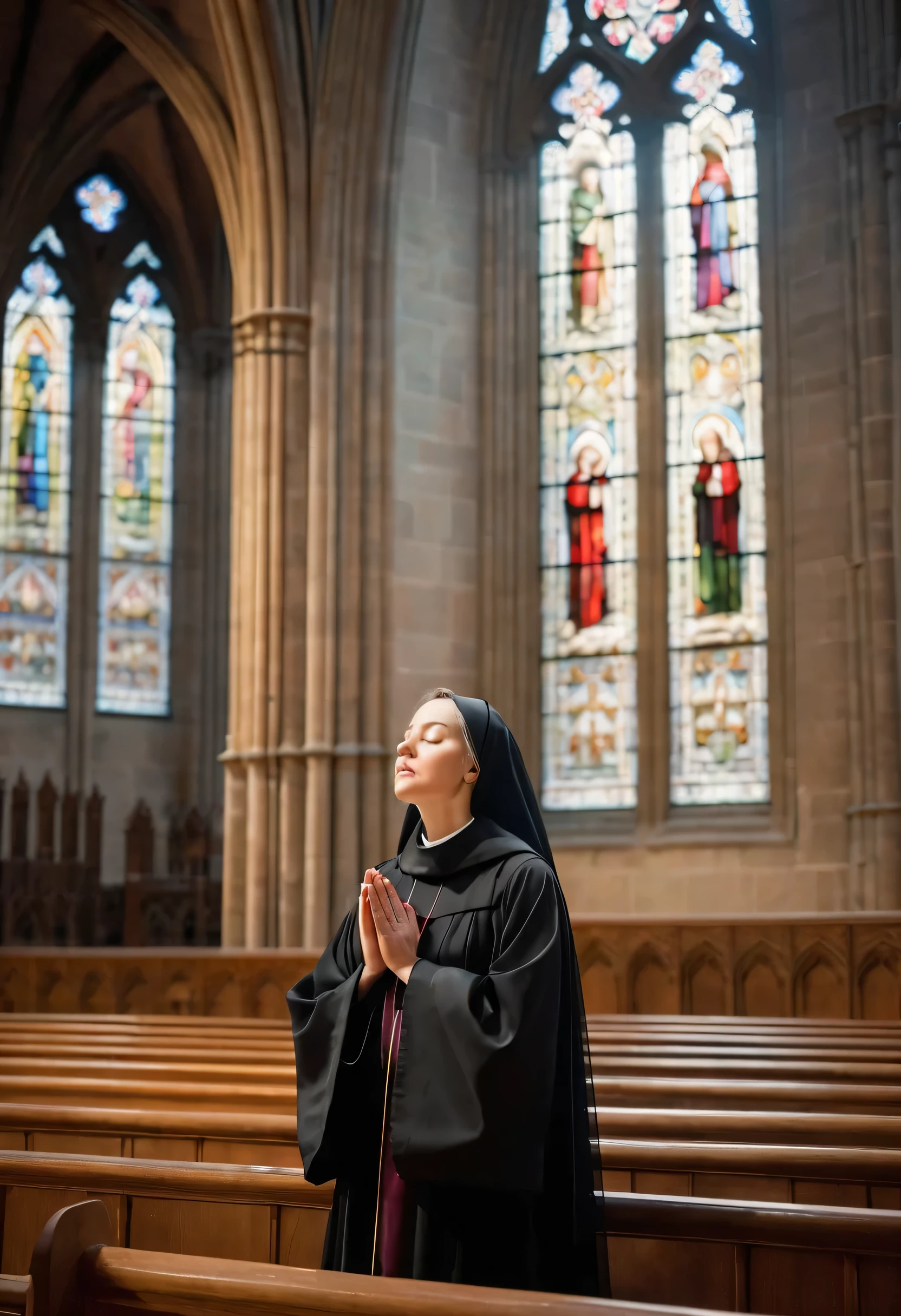 Nun praying in choir, standing in cathedral, wearing robes and veil, eyes closed, looking down, hands folded in prayer, calm and uplifted expression, gothic cathedral with stained glass and high ceiling, choir seating, sacred, uplifting spiritual atmosphere, natural light, warm and ethereal colours