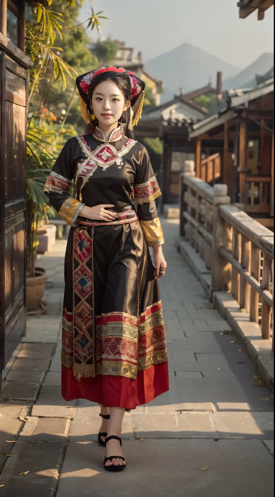 a girl,Wearing the traditional costumes of the Zhuang people,Walking towards the camera,The background is terraces,daytime,pond,Hazy mountains,Looking up,The front of the face faces the audience