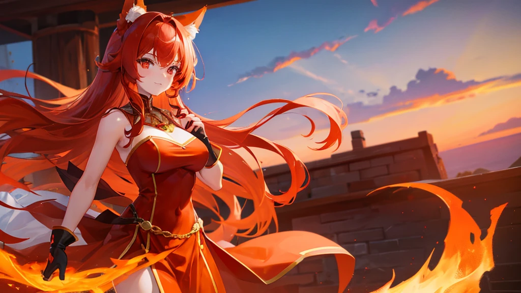 beutiful girl, red hair, red eyes, orange fox ears, orange fox tail, red royal clothes, 8k resolution, sky