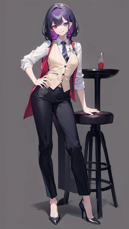 Purple,High cut layered hair,woman,bartender,vest,shirt,tie,pants,high heels,all,simple background,smile,whole body,full body,full body,Standing picture,vtuber,front,from front,viewer&#39;point of view,視線をfrontに,