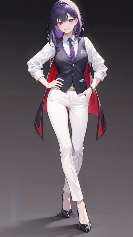Purple,High cut layered hair,woman,bartender,vest,shirt,tie,pants,high heels,all,simple background,smile,whole body,full body,full body,Standing picture,vtuber,front,from front,viewer'point of view,視線をfrontに,
