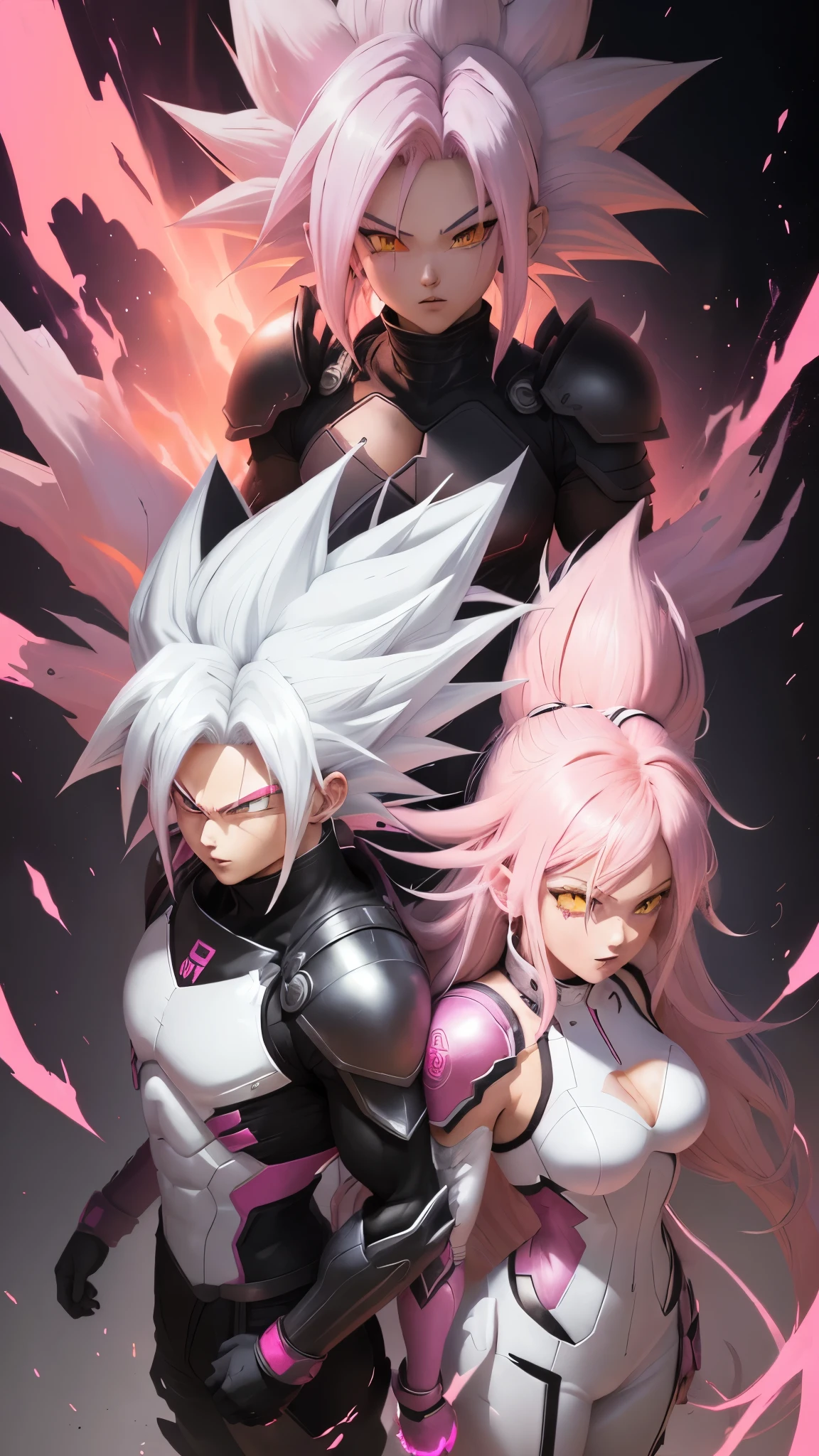 a drawing of a goku white hair with pink hair, artstyleunknown, full figure poster, dark aura, full art, cell shaded art, by theCHAMBA, black and reddish color armor, slick pink armor, official art, matte pink armor, official character art, wild spiky black saiyan hair, high detailed official artwork, colored manga panel.red suit.