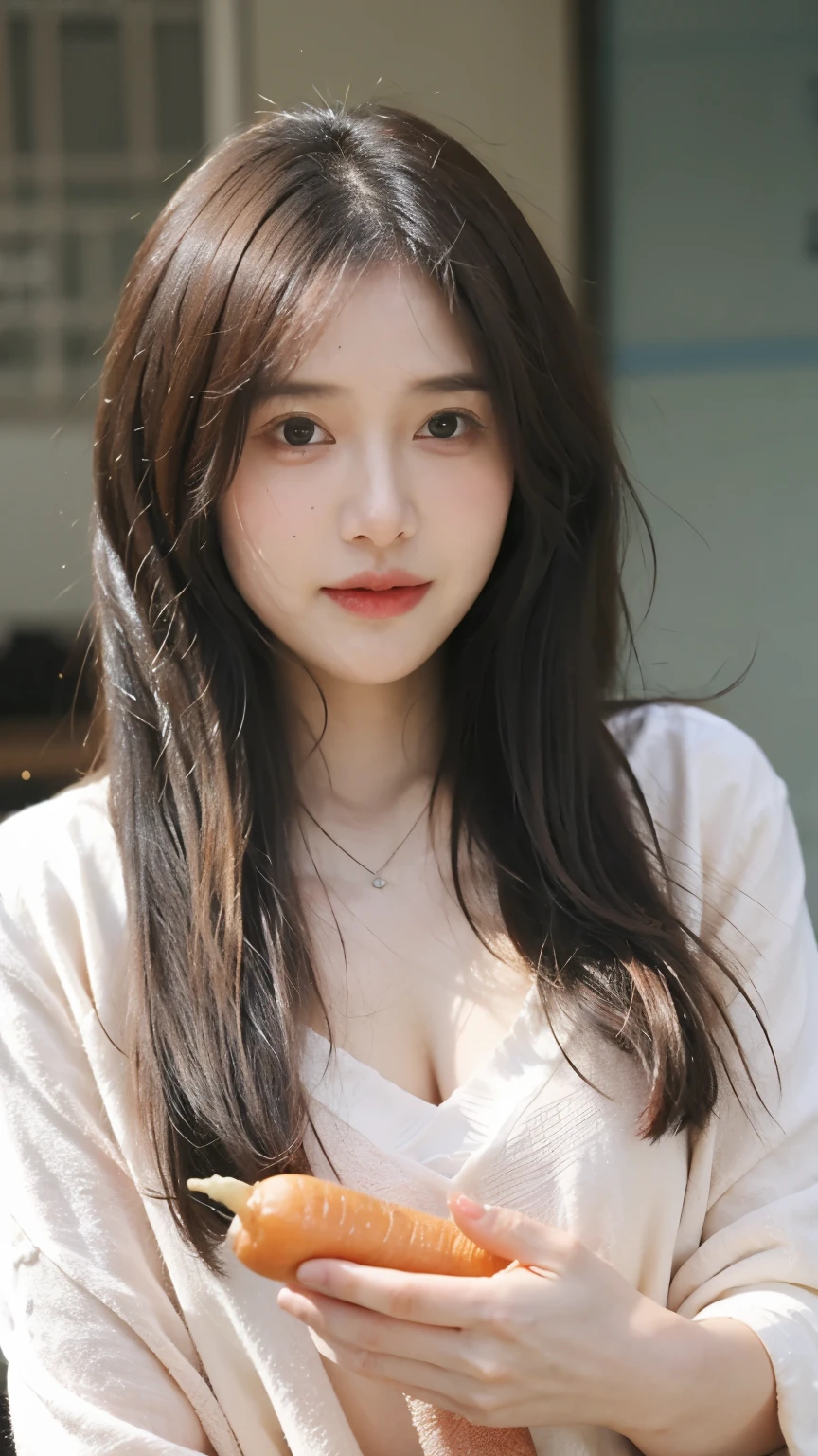 A girl with a struggling and sexy expression holding a big carrot in her hand
