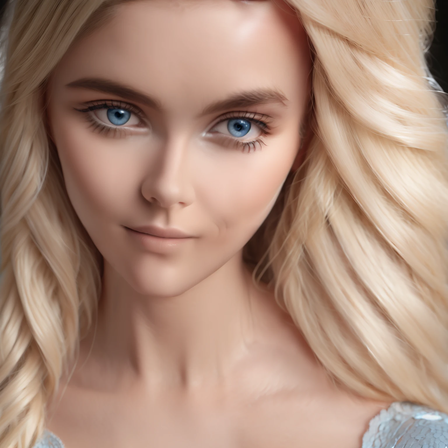 Blonde hair cascades down in soft waves, framing the face of a stunning European woman. Blue eyes, as clear as the Mediterranean sea, sparkle with life and allure. Her décolletage peeks out from beneath the fabric of her elegant white blouse, giving a tantalizing glimpse of bare skin. Her lips are painted a bold red, adding to her eye-catching allure. Her round mouth is accentuated by long, seductive eyelashes that cast shadows over her blues. The photograph captures every detail with unrelenting realism, from the finely textured white fabric of her blouse to the porcelain-smooth texture of her skin. The red lip