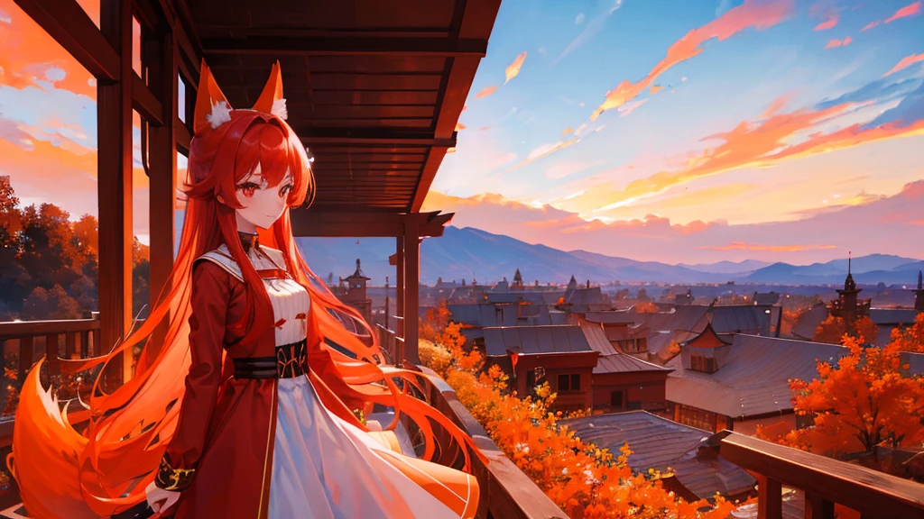 beutiful girl, red hair, red eyes, orange fox ears, orange fox nine tail, red royal clothes, 8k resolution, sky