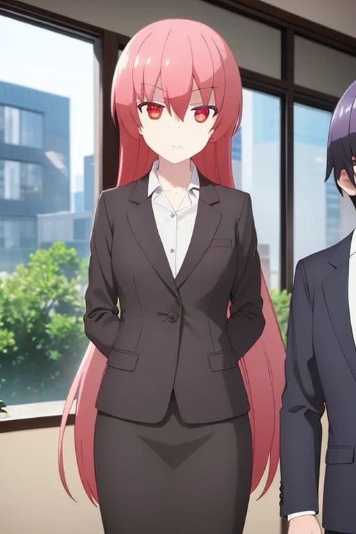 1girl, tsukasa tsukuyomi, suit, office lady, black skirt, black blazer, pencil skirt, white shirt, collared shirt, long hair, ager, looking at viewer, full body